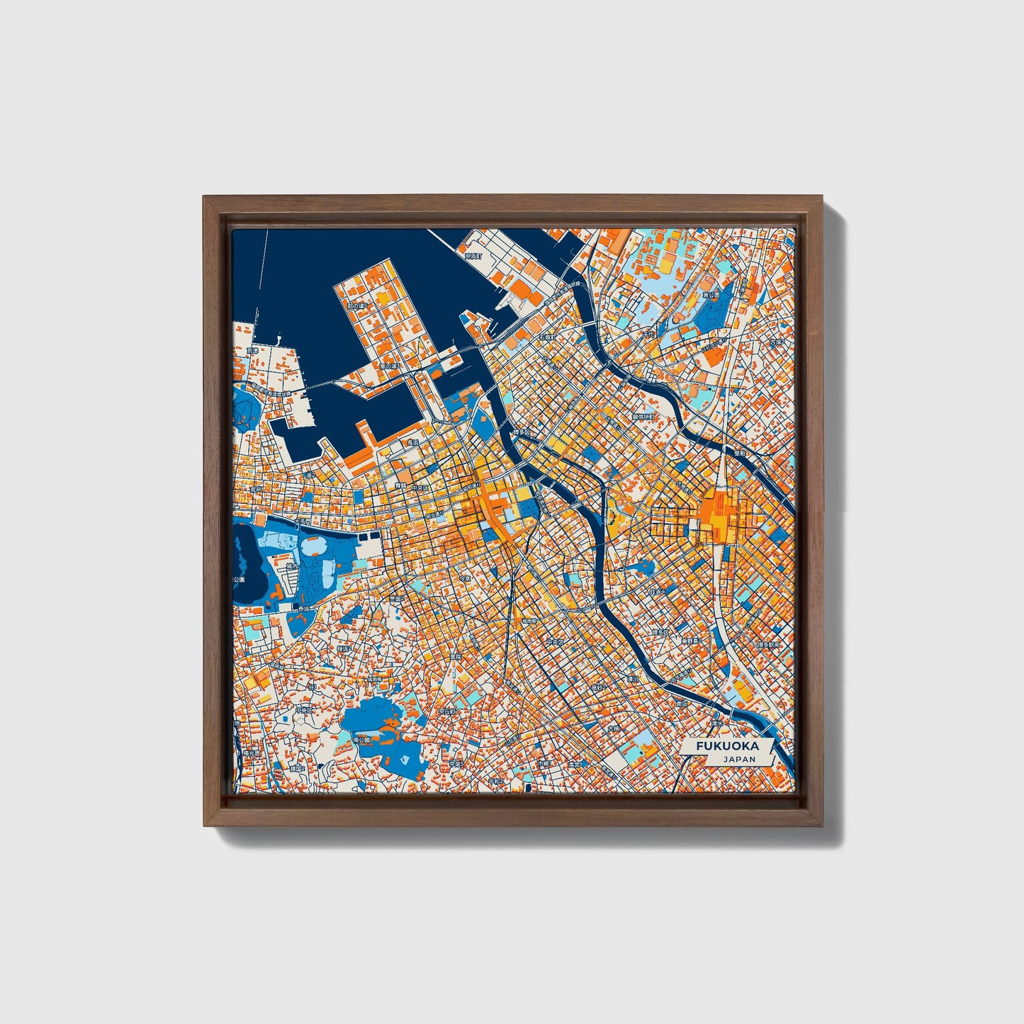 Fukuoka Japan Colorful City Map Canvas Print • Dark Wooden Framed