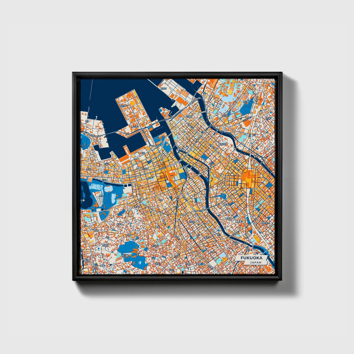 Fukuoka Japan Colorful City Map Canvas Print • Black Framed