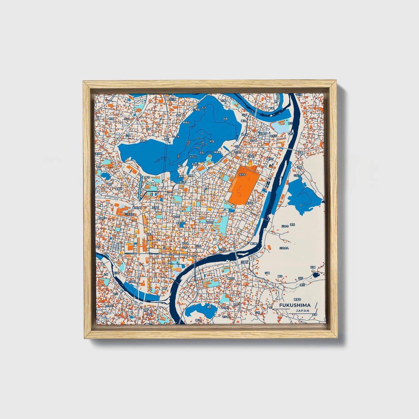 Fukushima Japan Colorful City Map Canvas Print • Natural Wooden Framed