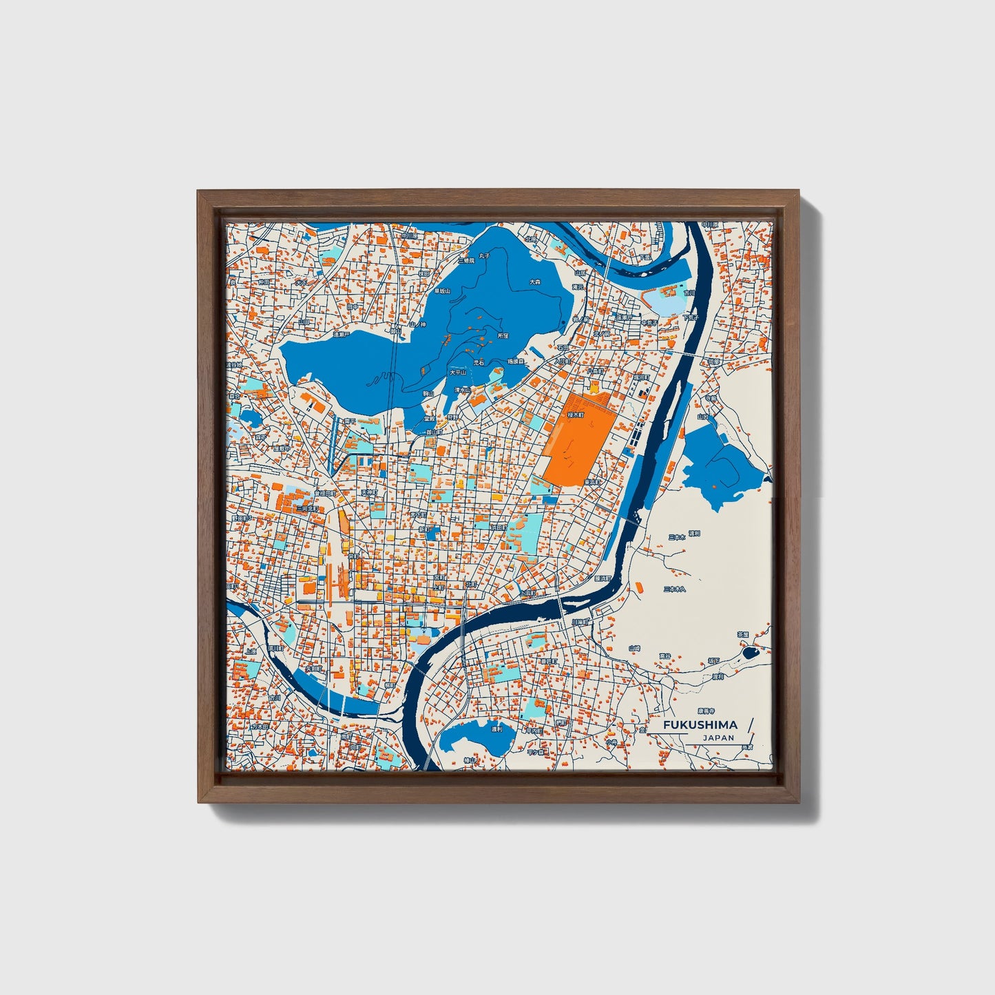 Fukushima Japan Colorful City Map Canvas Print • Dark Wooden Framed