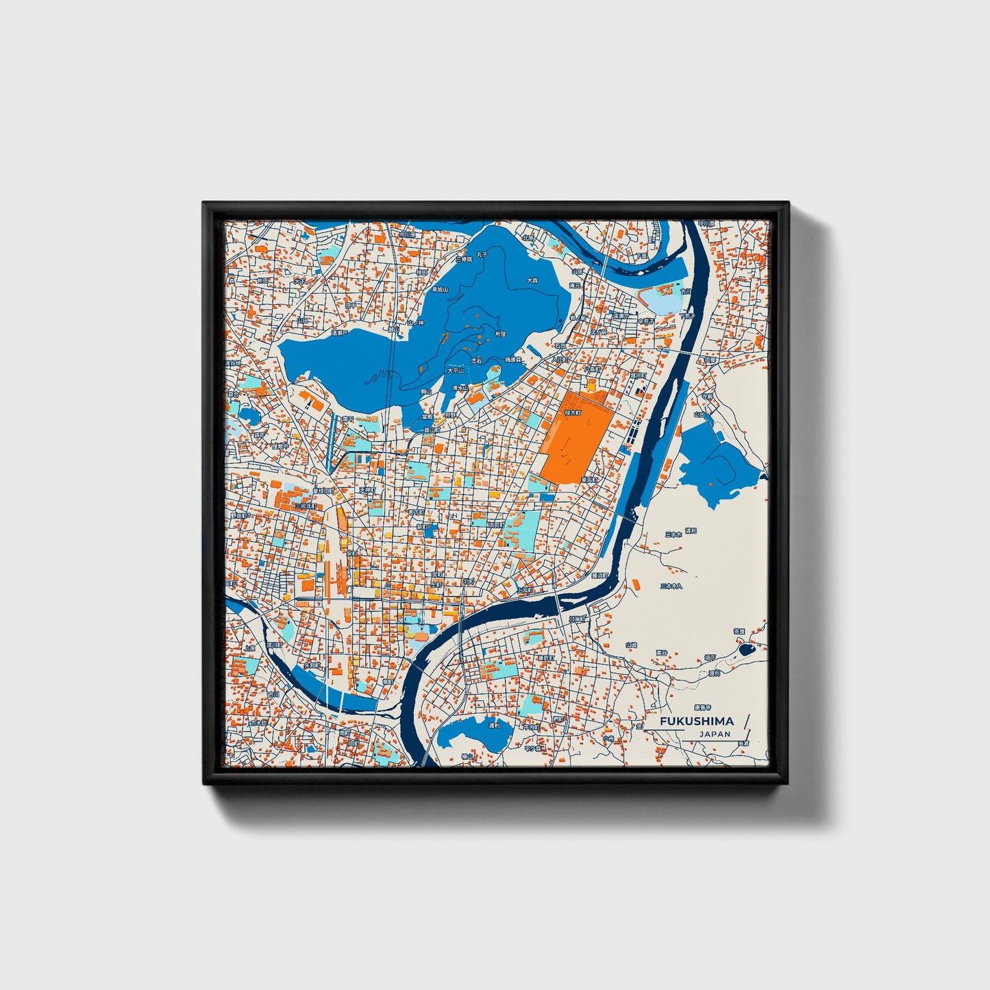 Fukushima Japan Colorful City Map Canvas Print • Black Framed