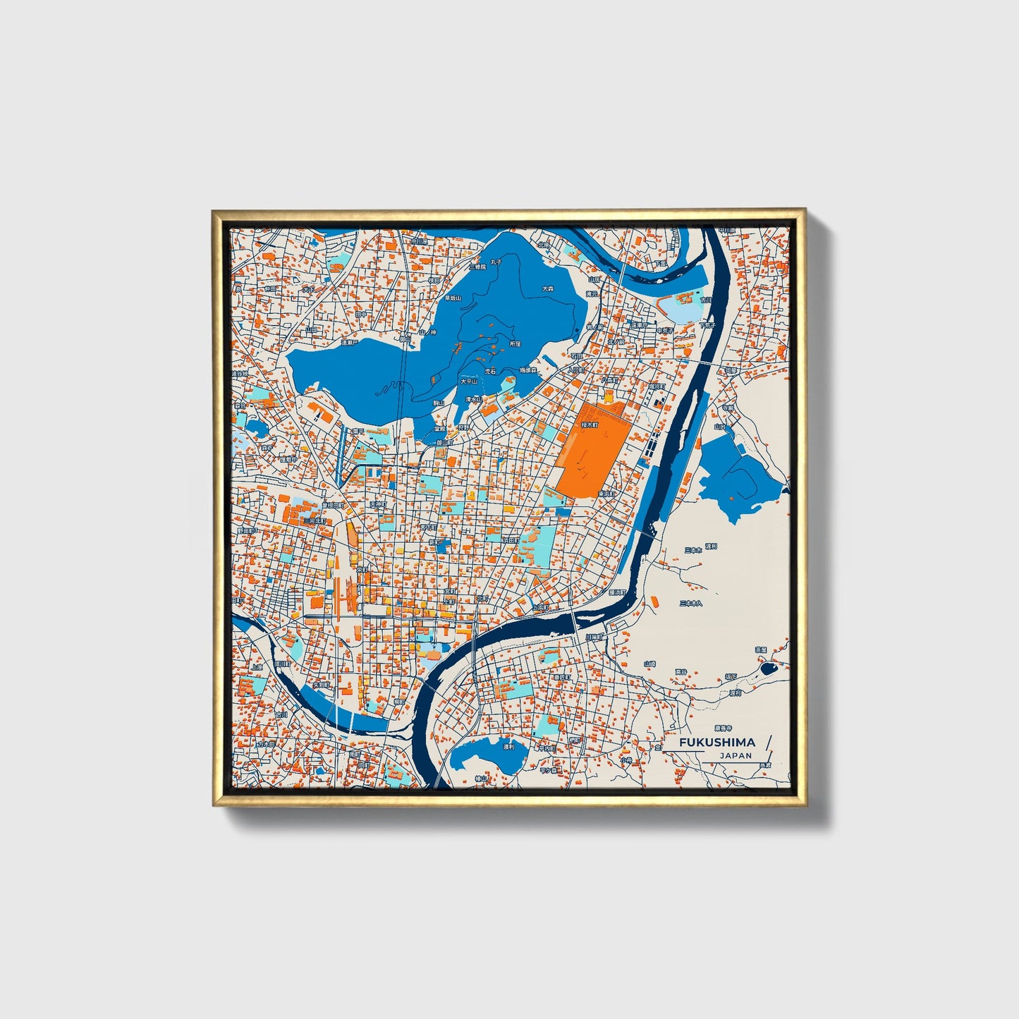 Fukushima Japan Colorful City Map Canvas Print • Gold Framed
