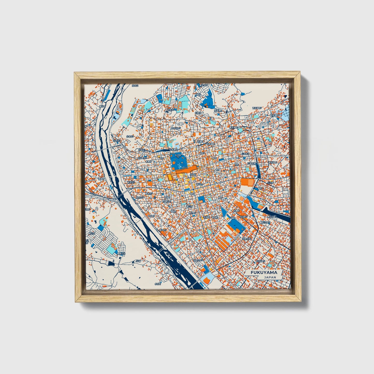 Fukuyama Japan Colorful City Map Canvas Print • Natural Wooden Framed