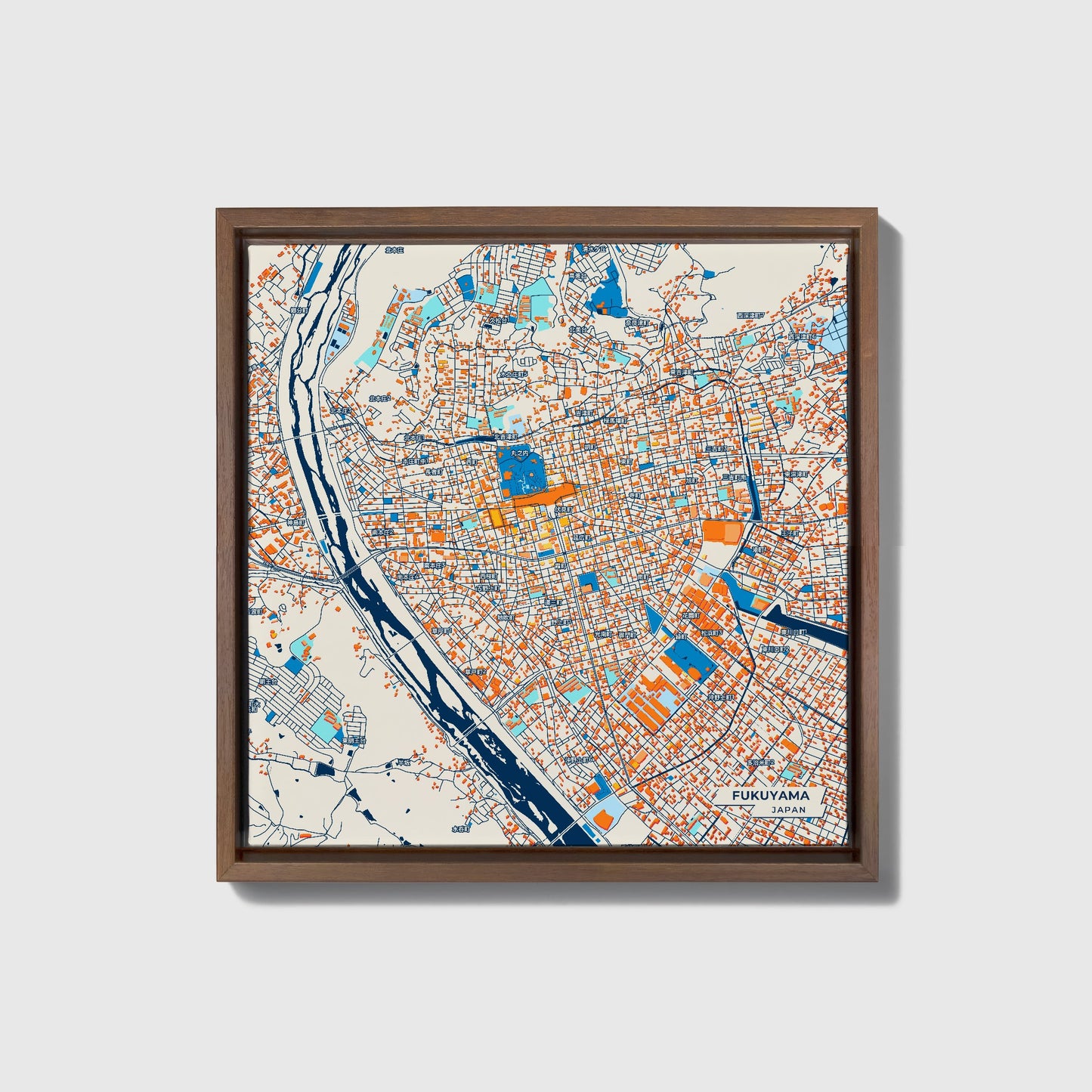 Fukuyama Japan Colorful City Map Canvas Print • Dark Wooden Framed