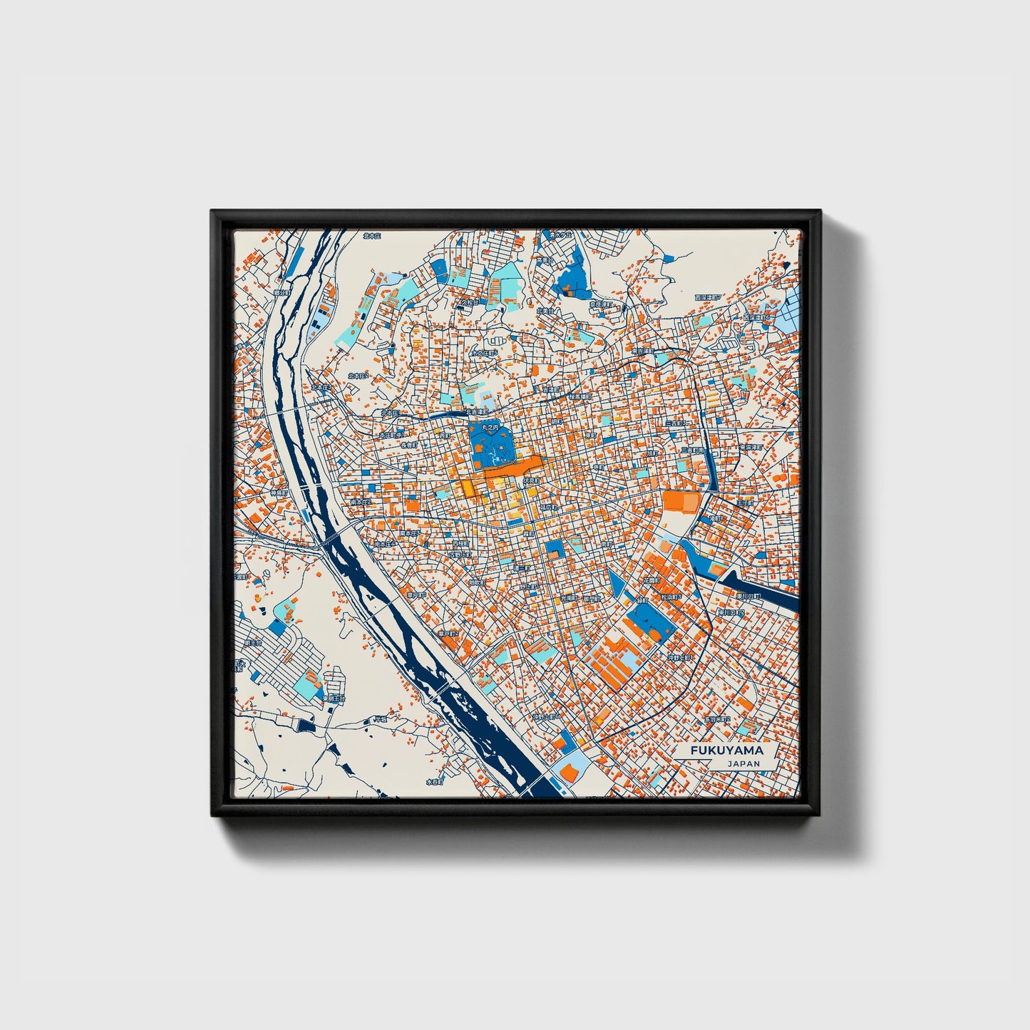 Fukuyama Japan Colorful City Map Canvas Print • Black Framed