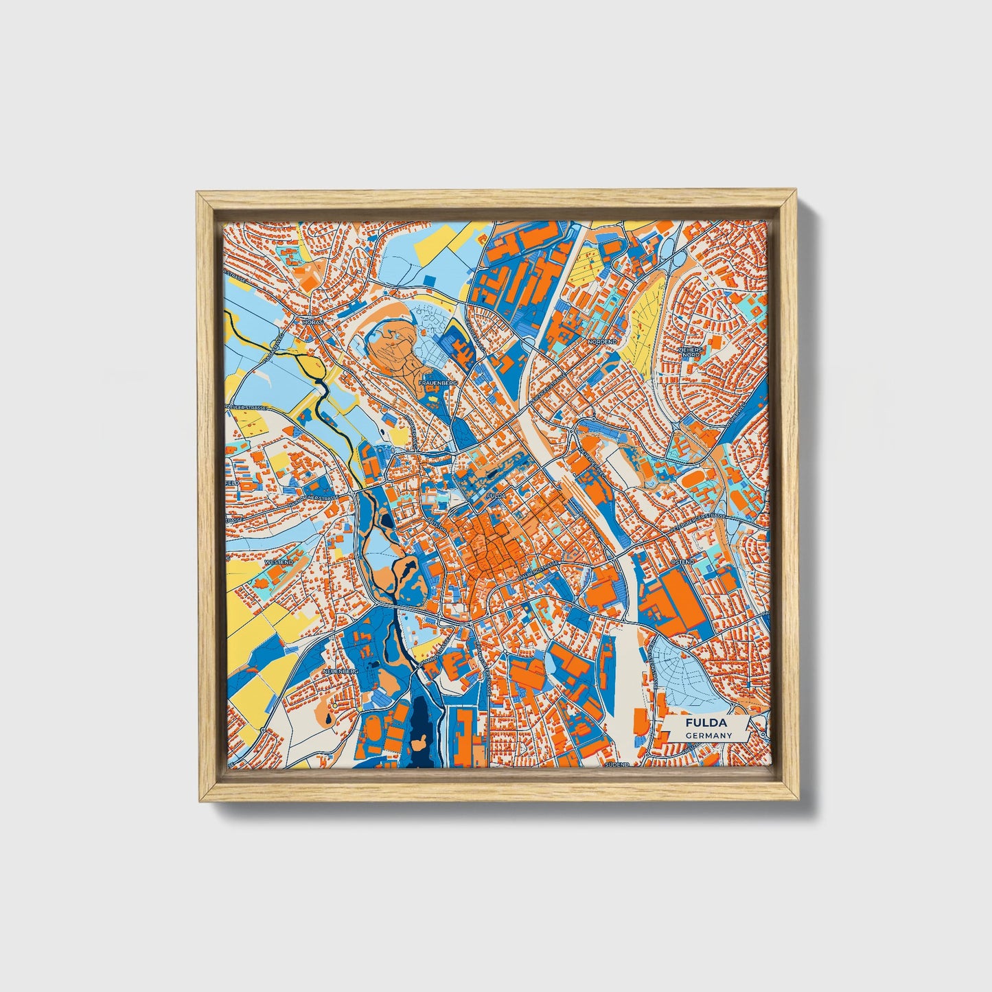 Fulda Germany Colorful City Map Canvas Print • Natural Wooden Framed
