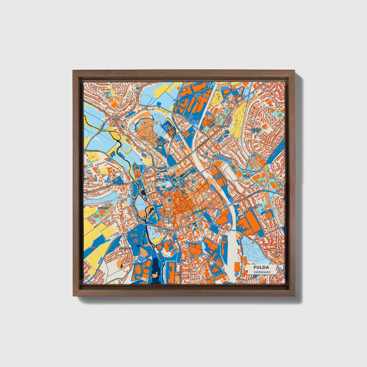 Fulda Germany Colorful City Map Canvas Print • Dark Wooden Framed