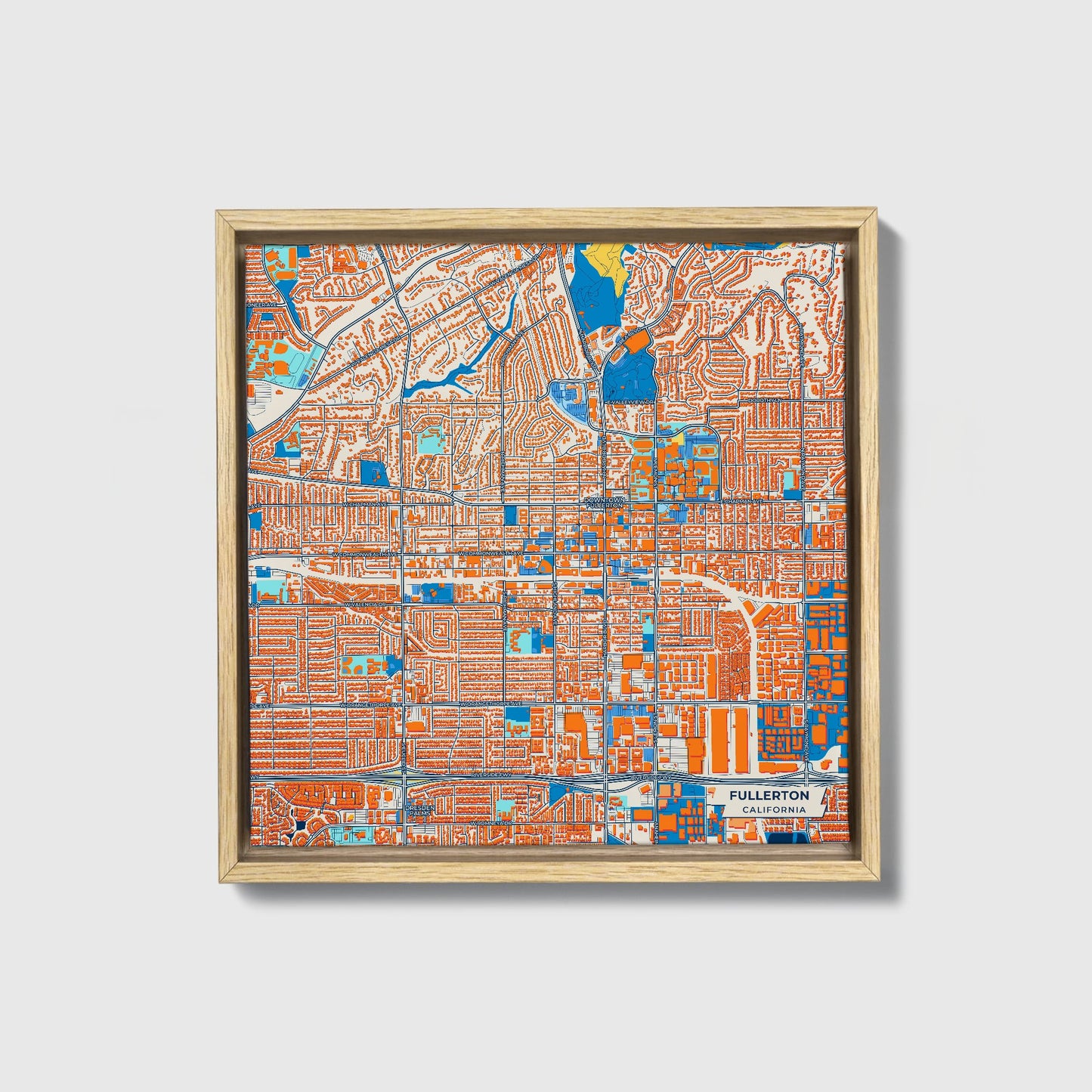 Fullerton California Colorful City Map Canvas Print • Natural Wooden Framed
