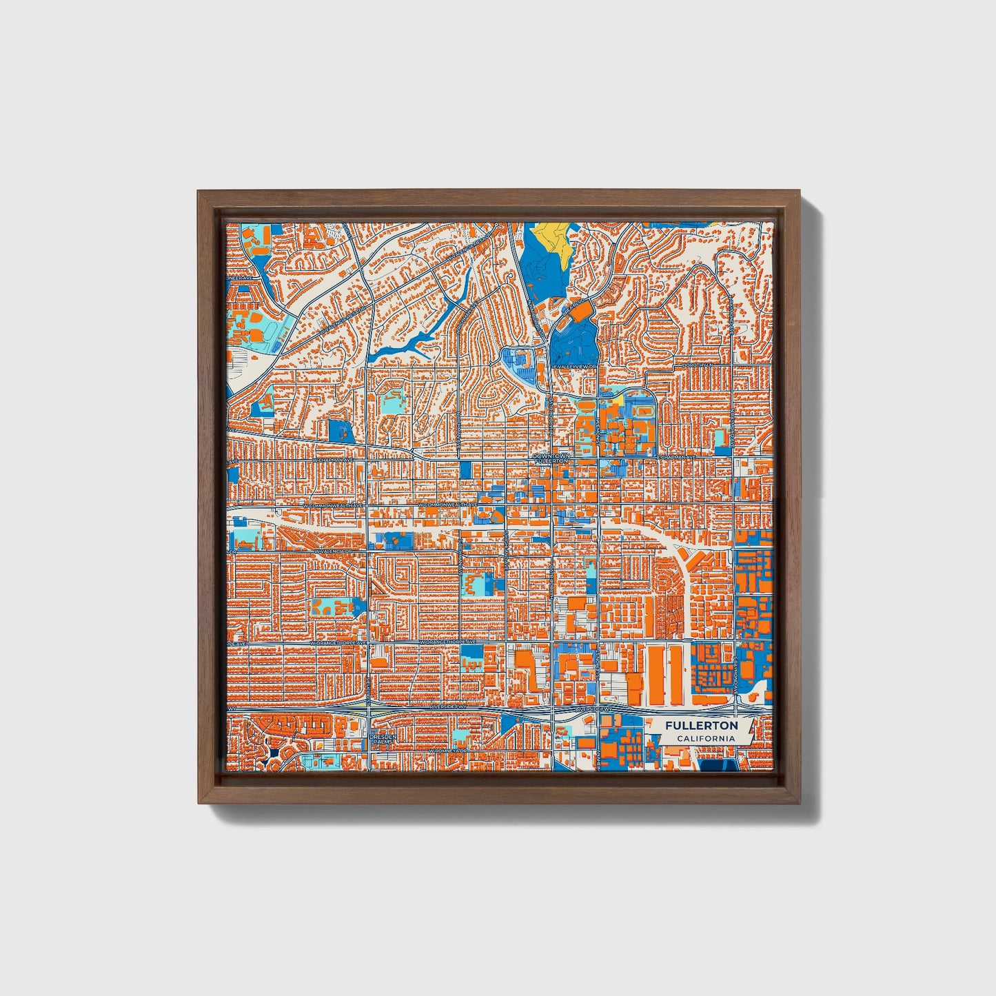 Fullerton California Colorful City Map Canvas Print • Dark Wooden Framed