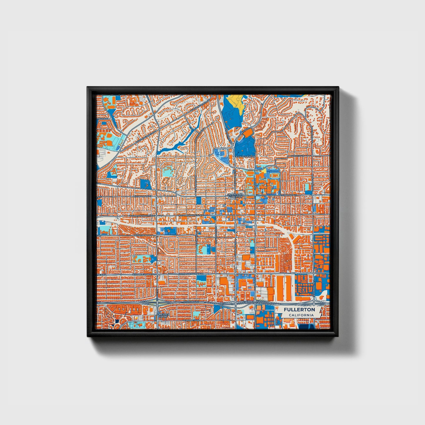 Fullerton California Colorful City Map Canvas Print • Black Framed