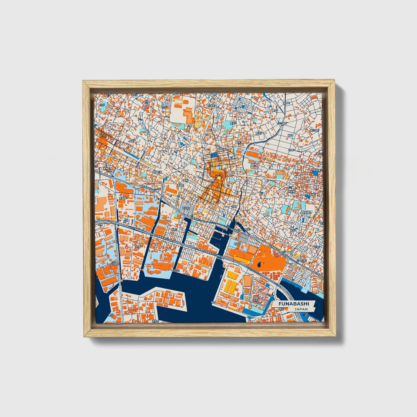 Funabashi Japan Colorful City Map Canvas Print • Natural Wooden Framed