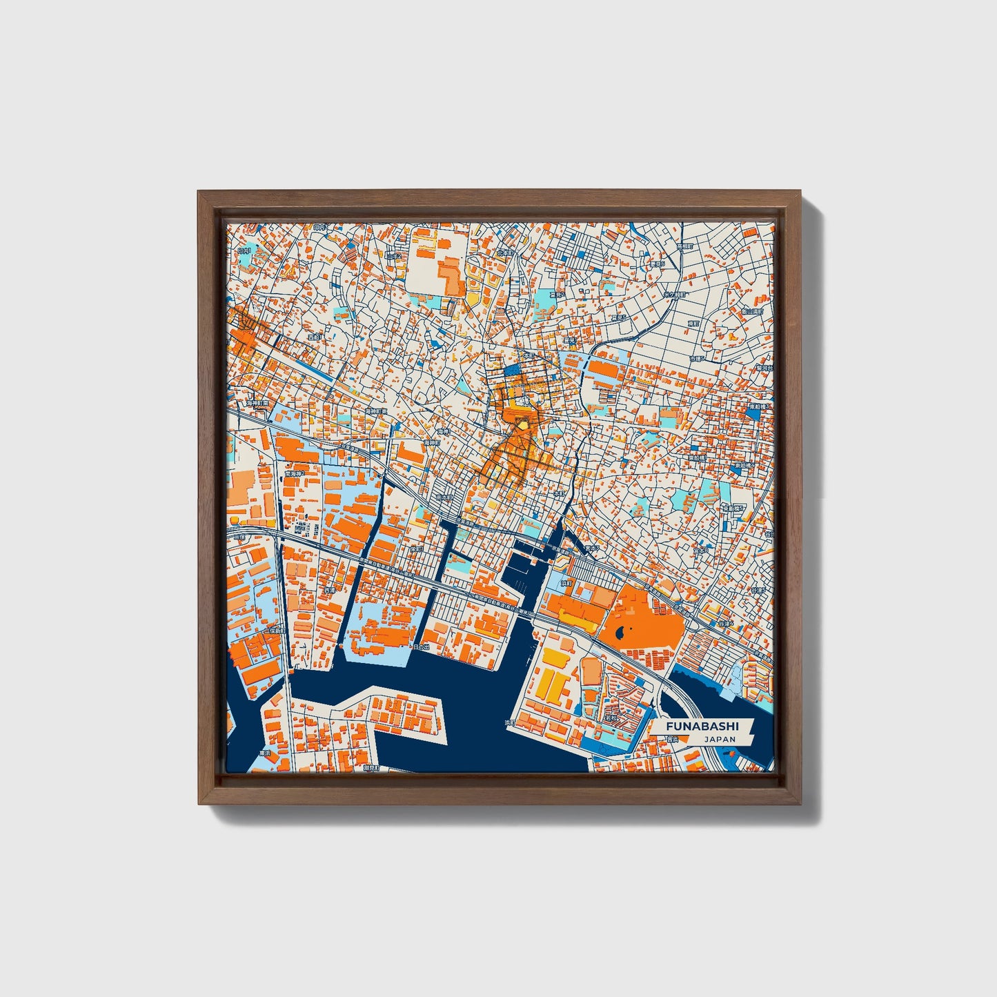 Funabashi Japan Colorful City Map Canvas Print • Dark Wooden Framed