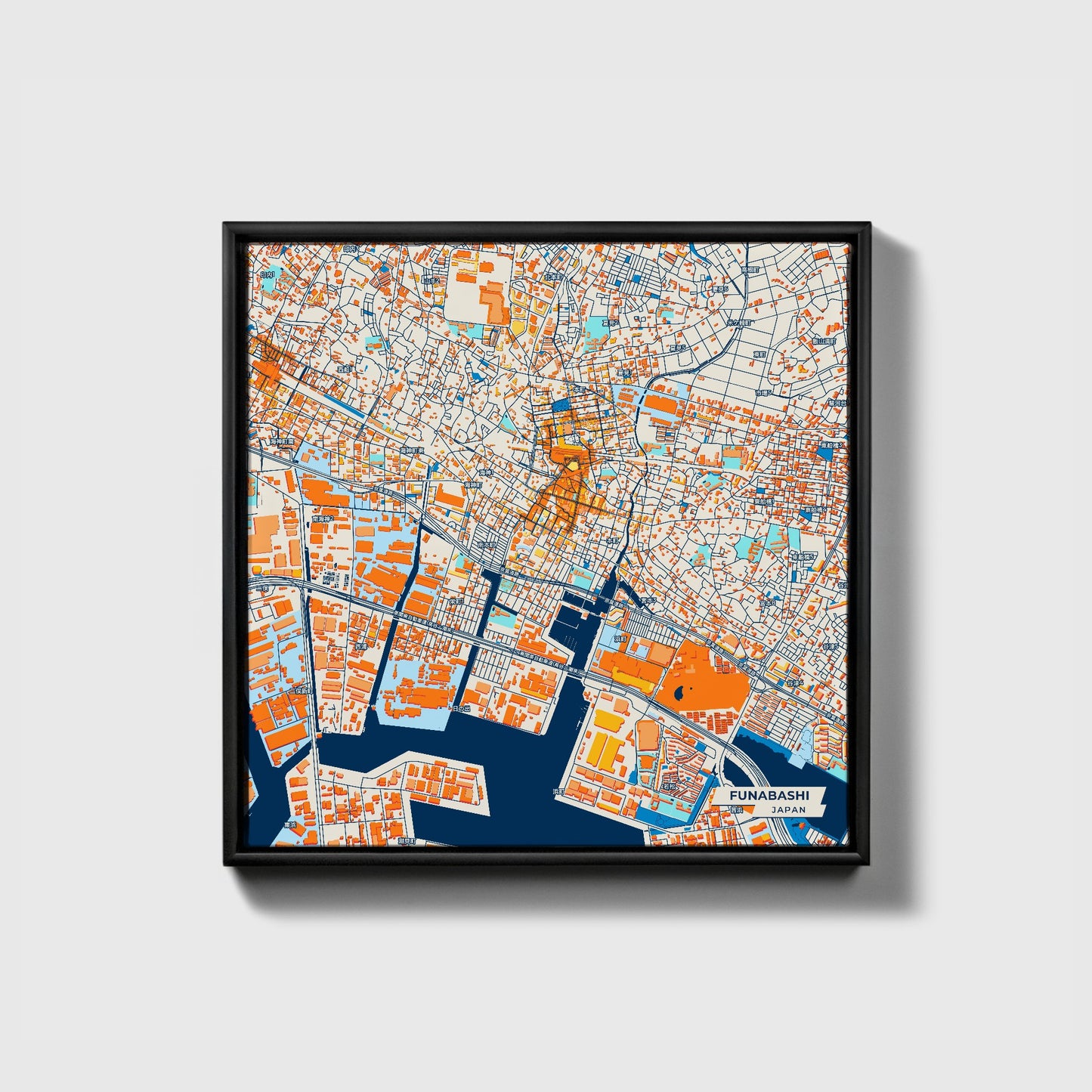 Funabashi Japan Colorful City Map Canvas Print • Black Framed