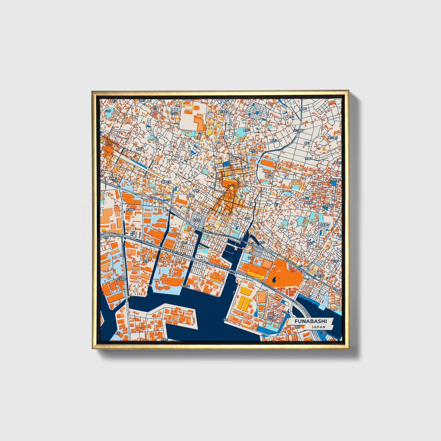 Funabashi Japan Colorful City Map Canvas Print • Gold Framed
