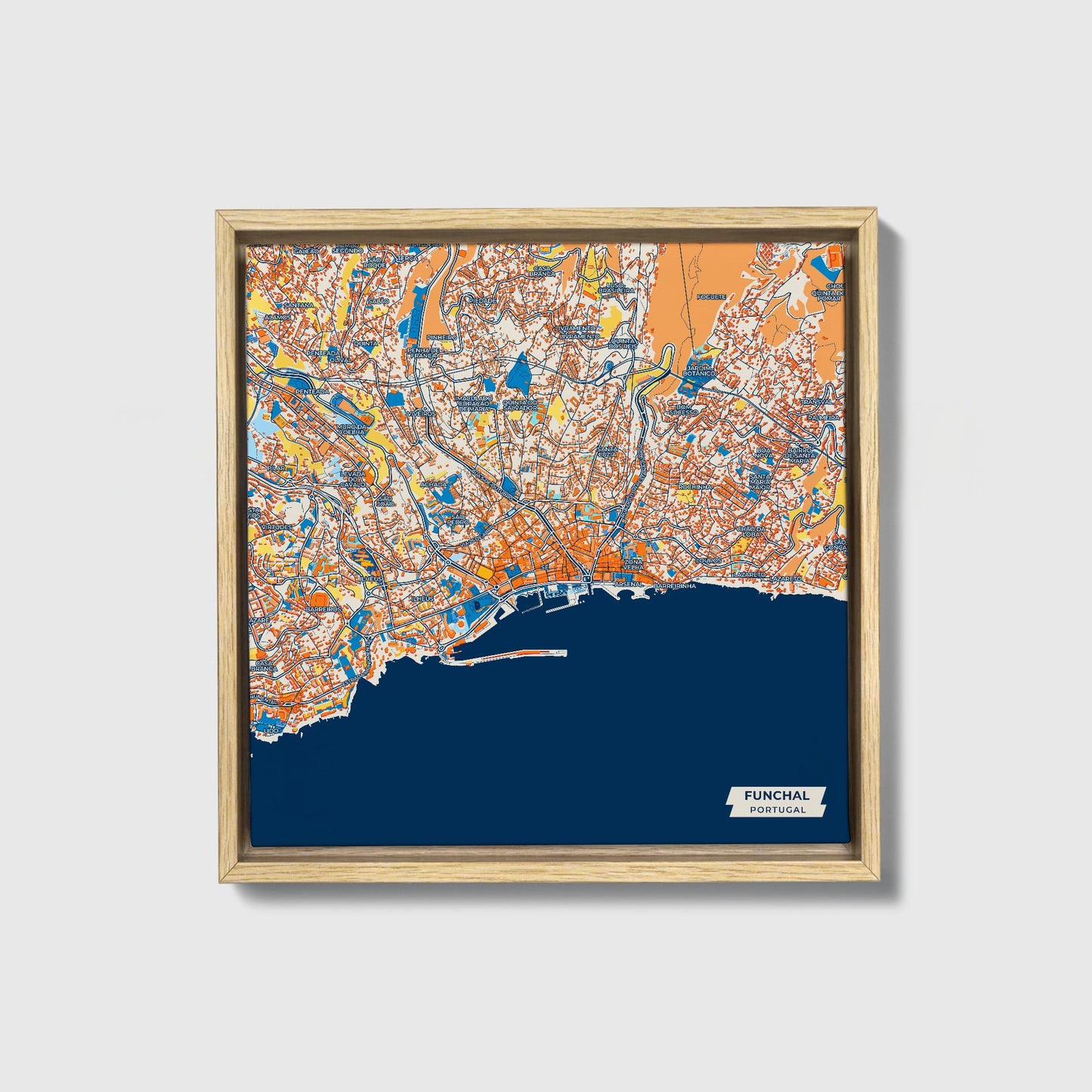 Funchal Portugal Colorful City Map Canvas Print • Natural Wooden Framed