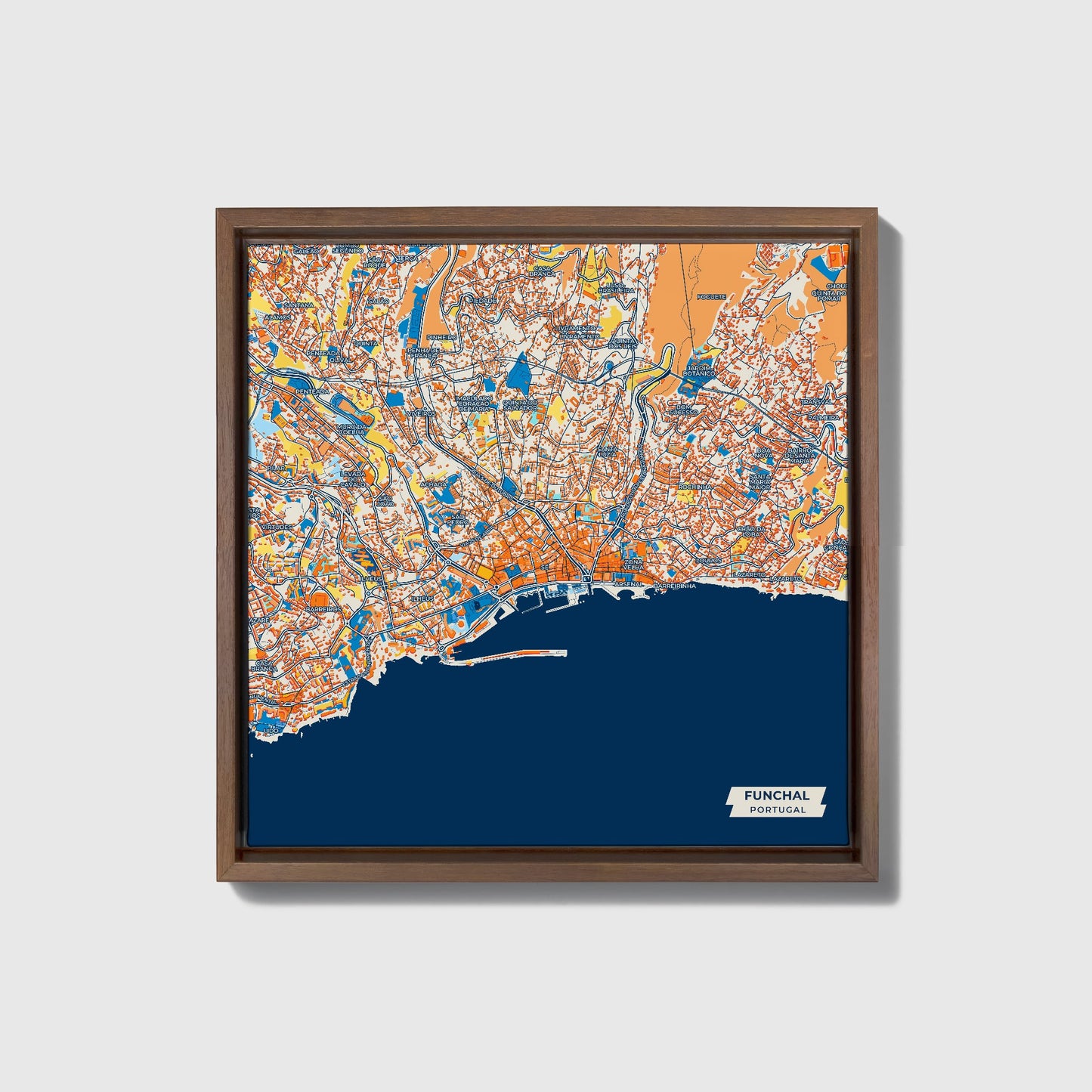 Funchal Portugal Colorful City Map Canvas Print • Dark Wooden Framed