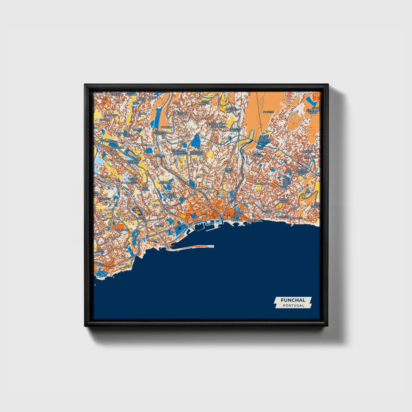 Funchal Portugal Colorful City Map Canvas Print • Black Framed