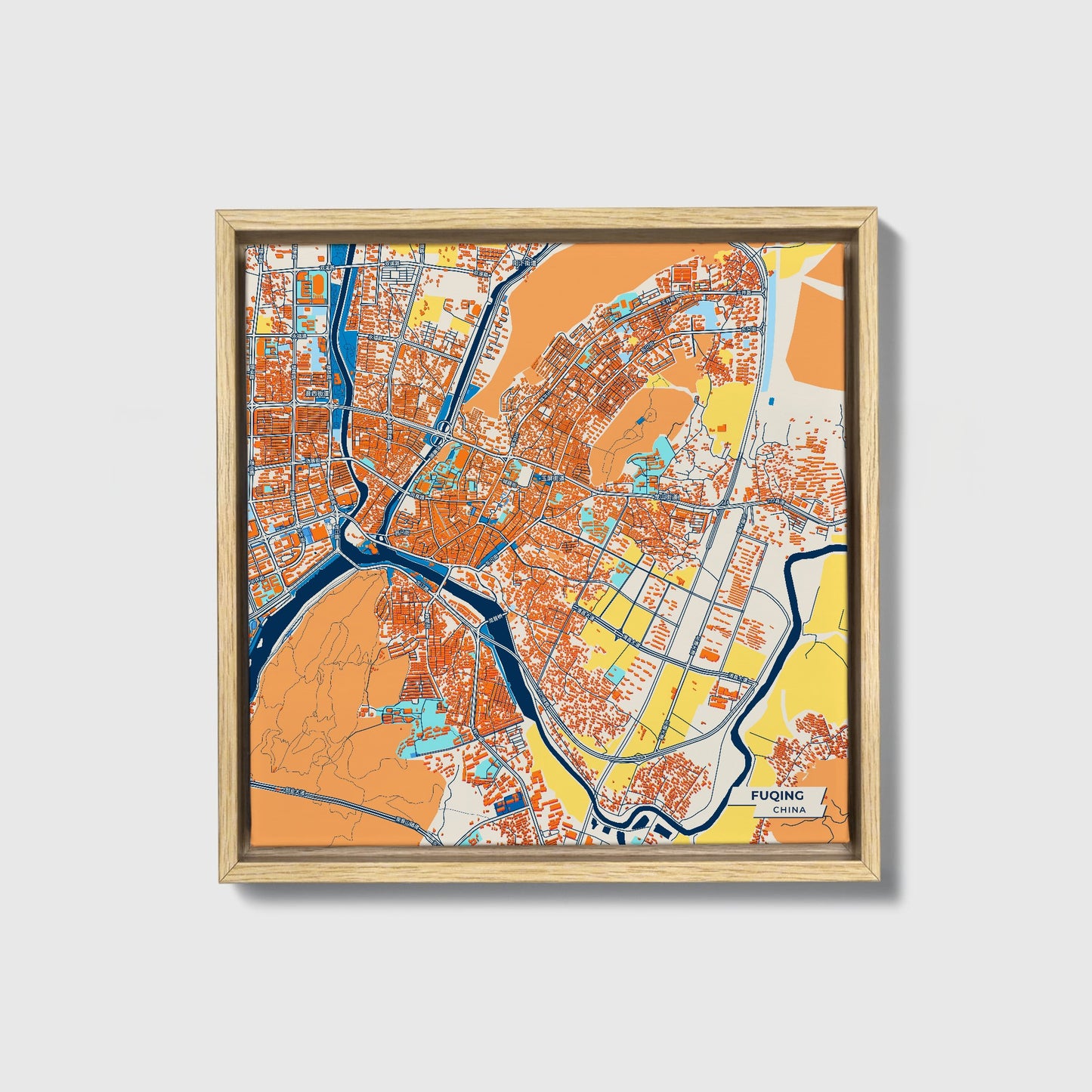 Fuqing China Colorful City Map Canvas Print • Natural Wooden Framed