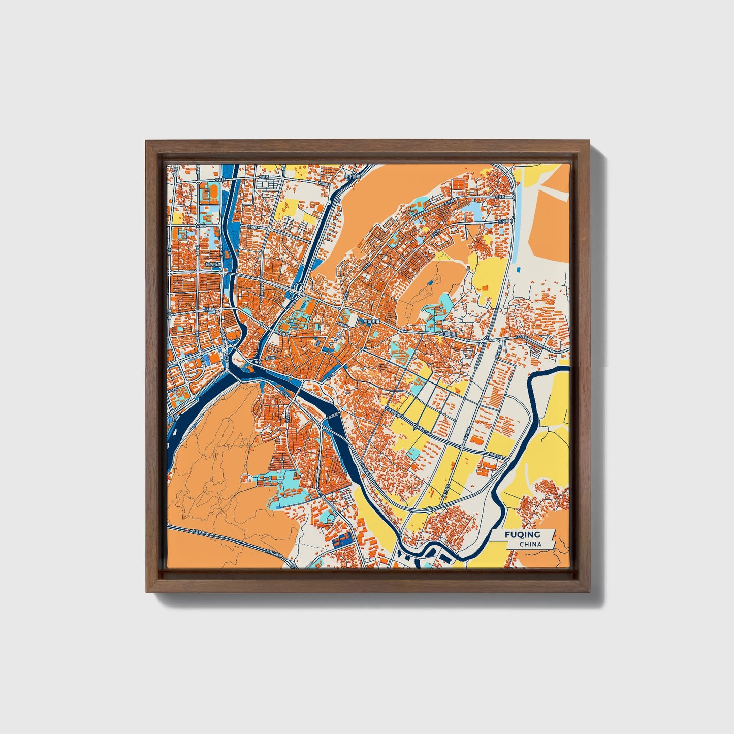 Fuqing China Colorful City Map Canvas Print • Dark Wooden Framed