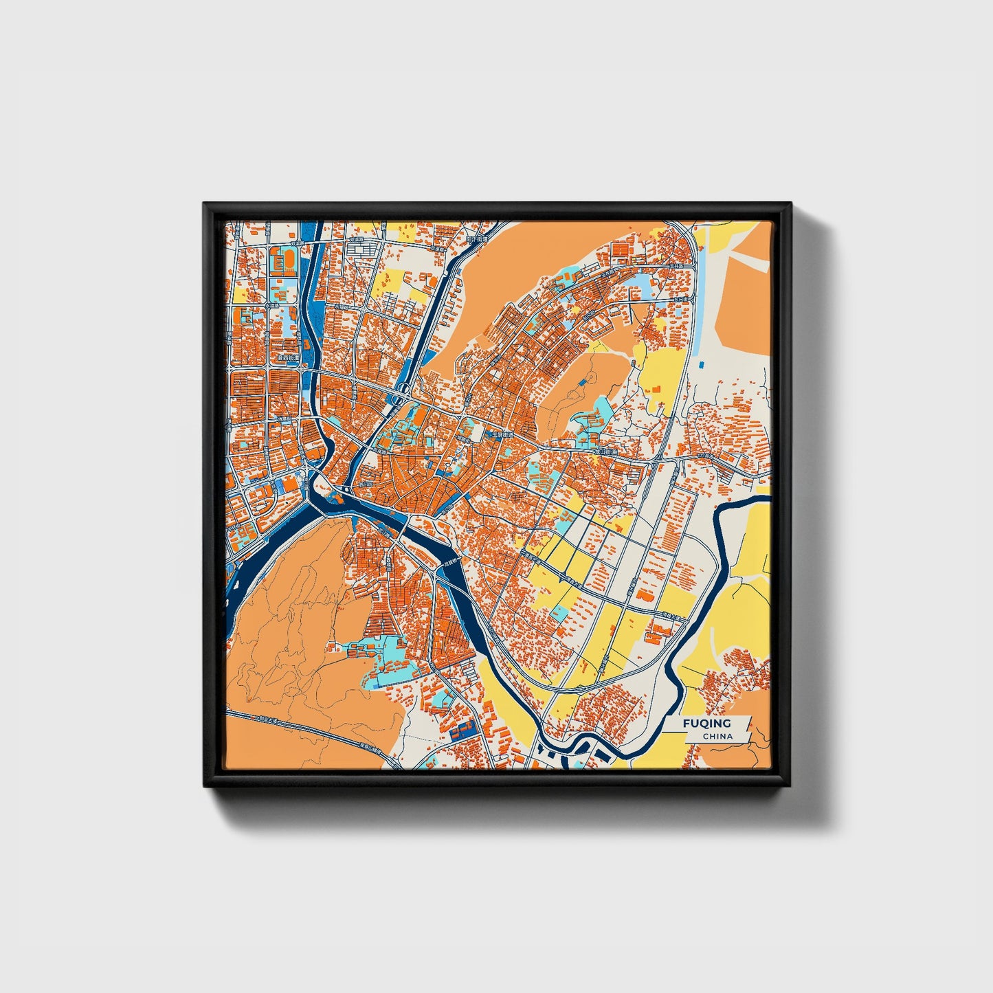 Fuqing China Colorful City Map Canvas Print • Black Framed