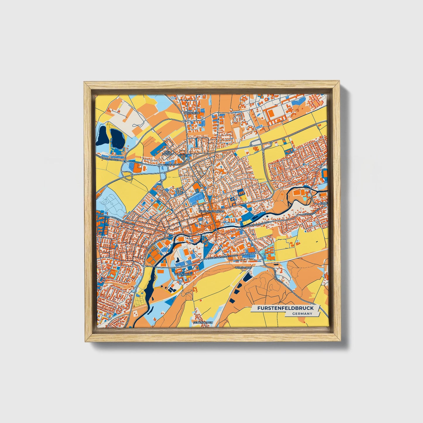Fürstenfeldbruck Germany Colorful City Map Canvas Print • Natural Wooden Framed