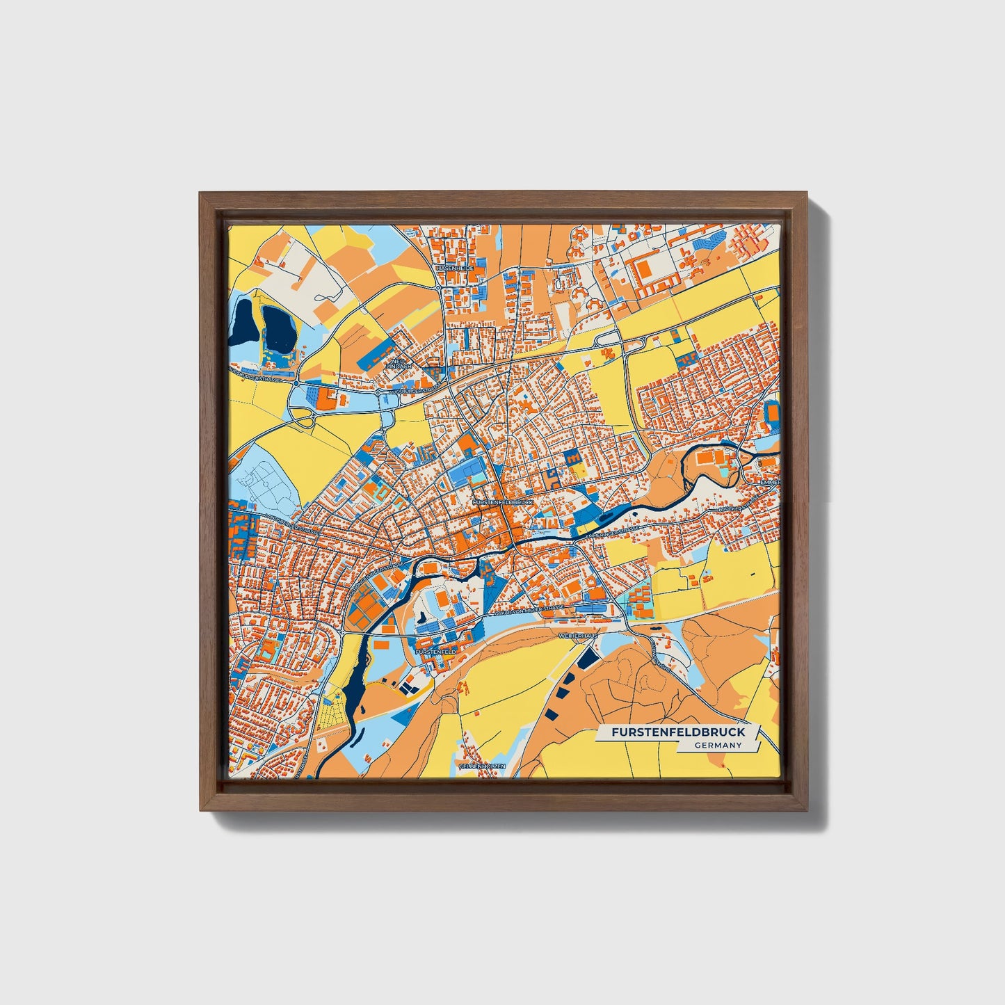Fürstenfeldbruck Germany Colorful City Map Canvas Print • Dark Wooden Framed