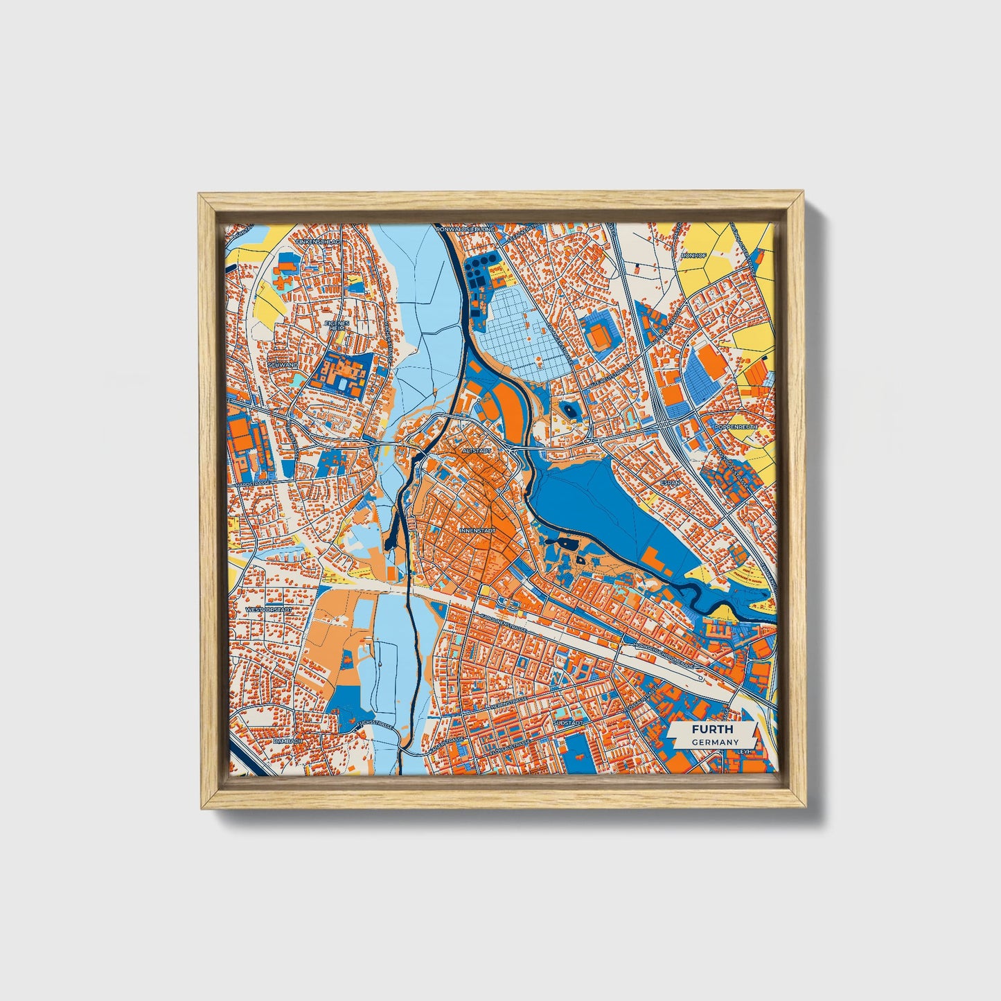 Fürth Germany Colorful City Map Canvas Print • Natural Wooden Framed