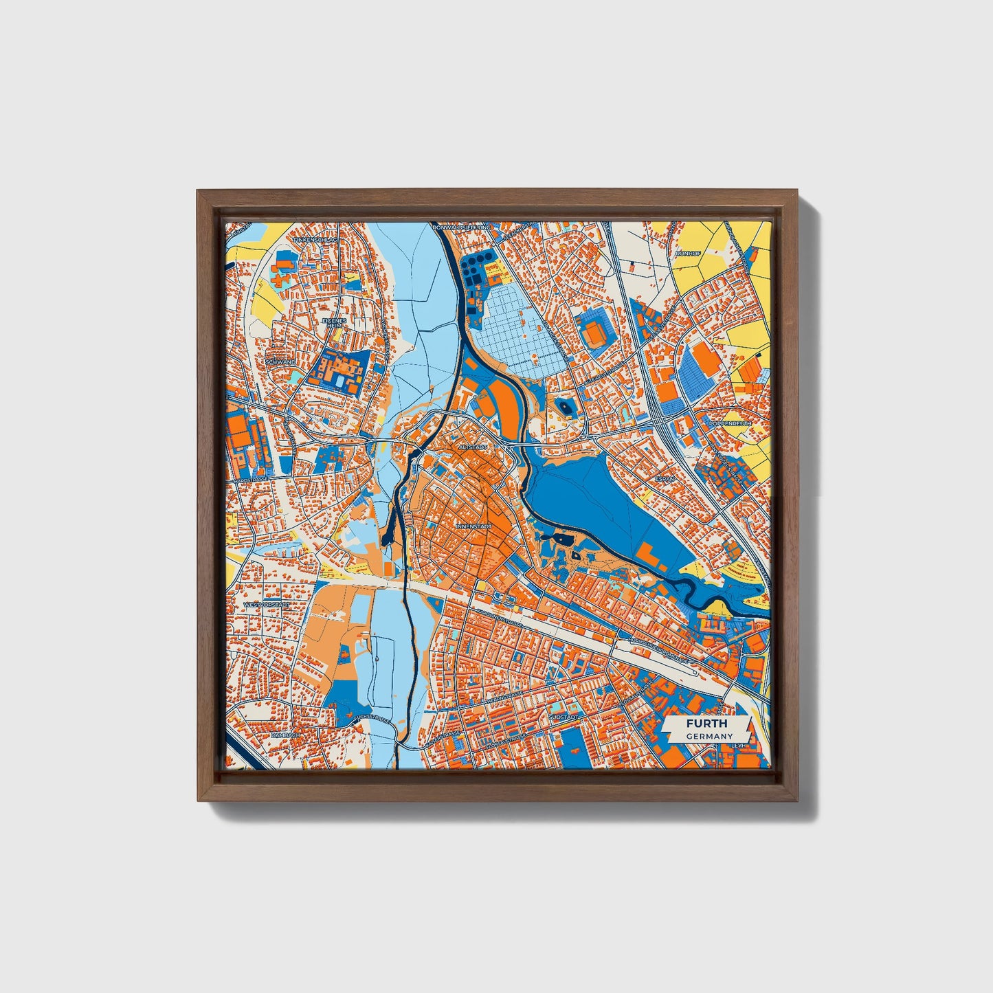 Fürth Germany Colorful City Map Canvas Print • Dark Wooden Framed