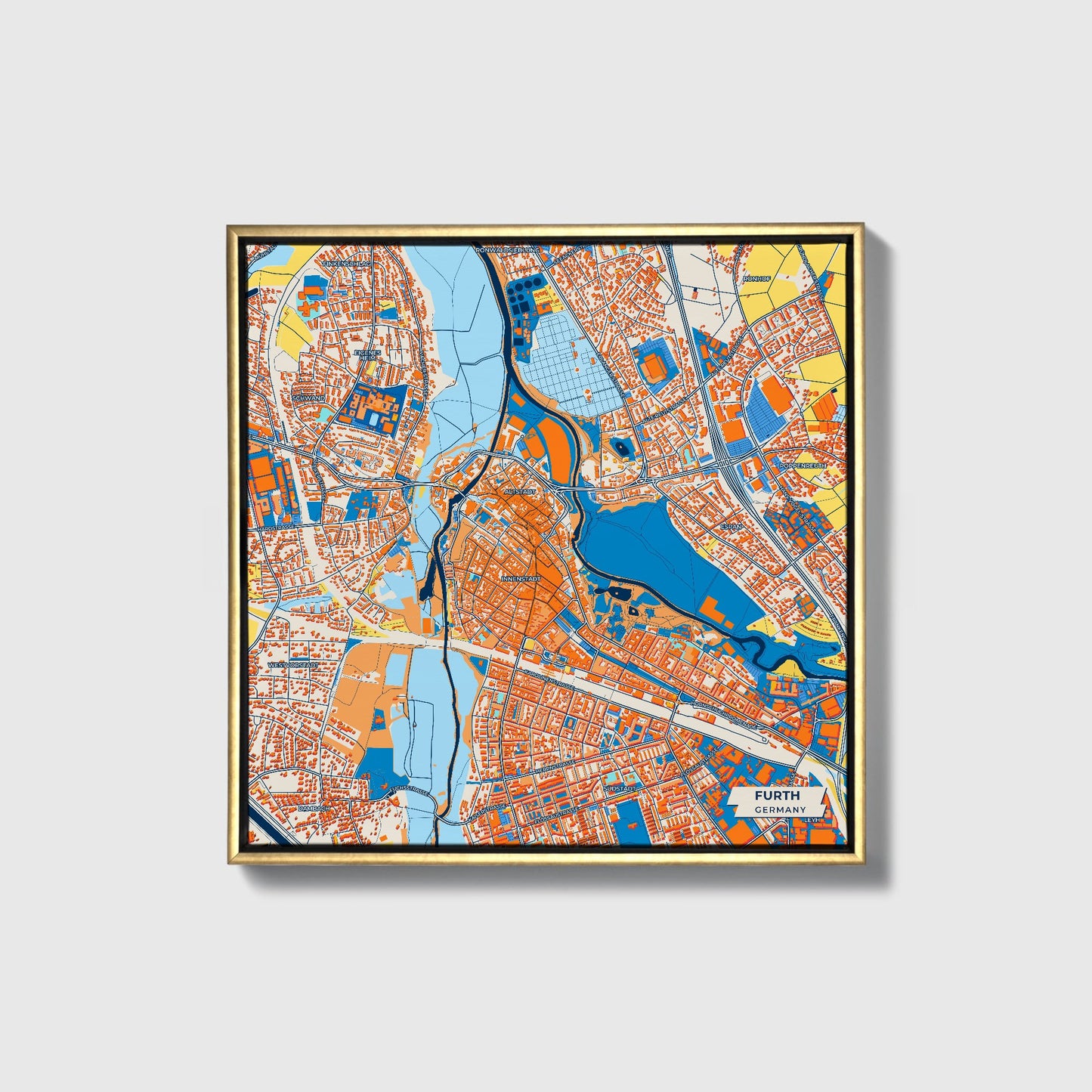 Fürth Germany Colorful City Map Canvas Print • Gold Framed