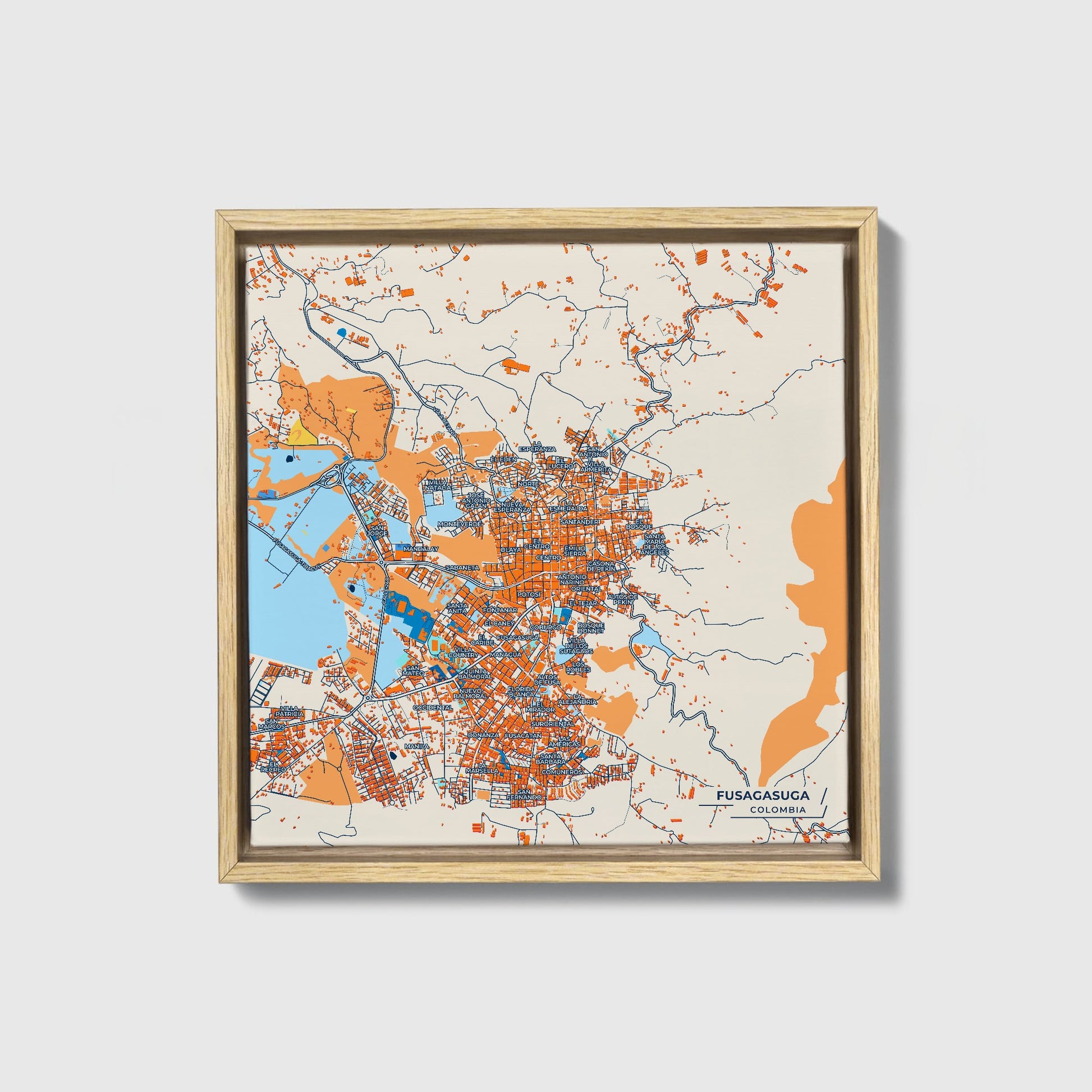 Fusagasuga Colombia Colorful City Map Canvas Print • Natural Wooden Framed