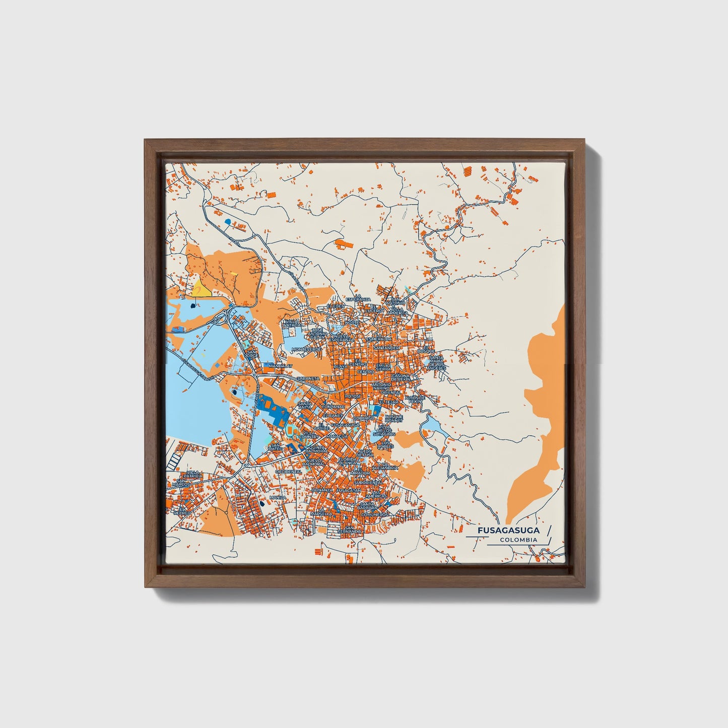 Fusagasuga Colombia Colorful City Map Canvas Print • Dark Wooden Framed