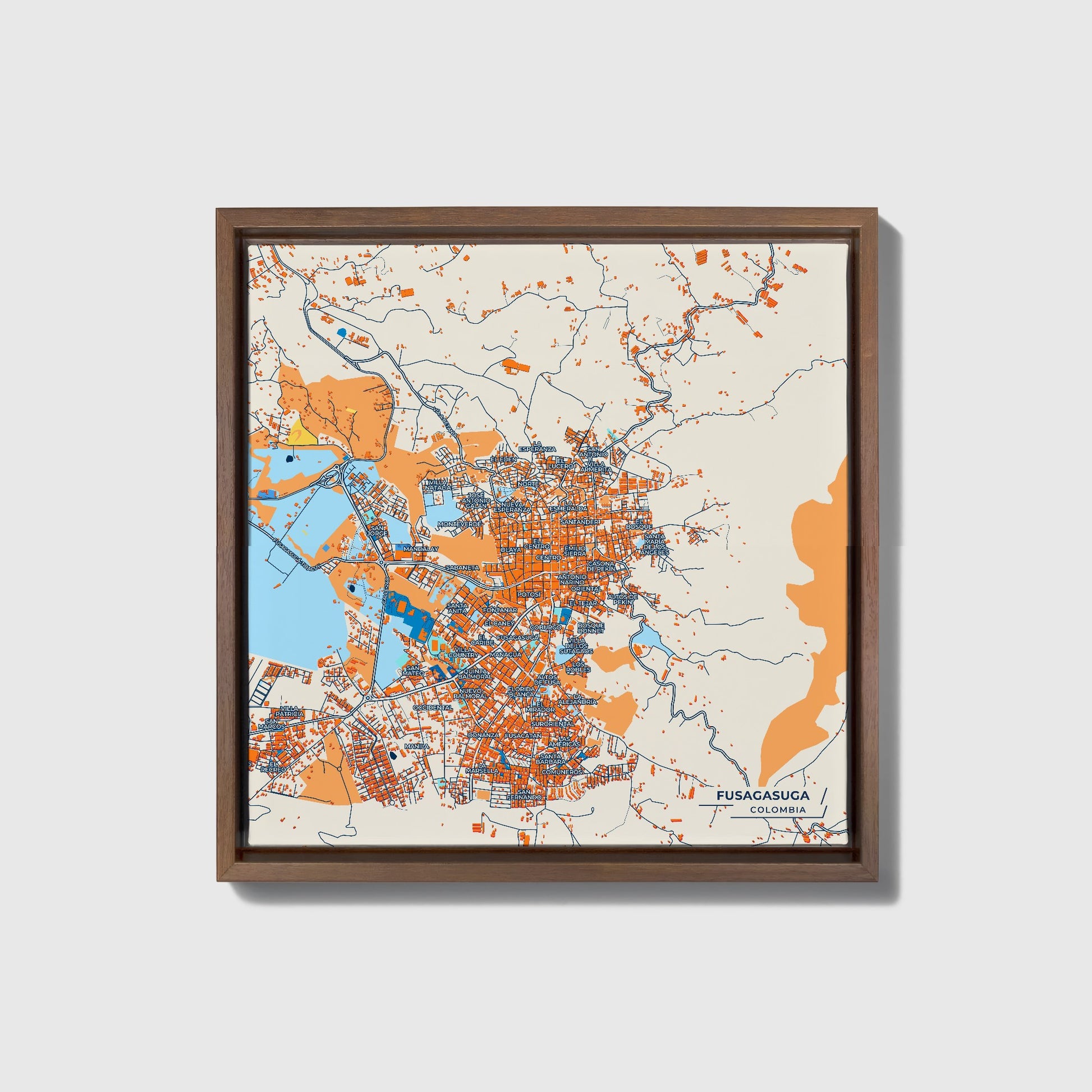 Fusagasuga Colombia Colorful City Map Canvas Print • Dark Wooden Framed