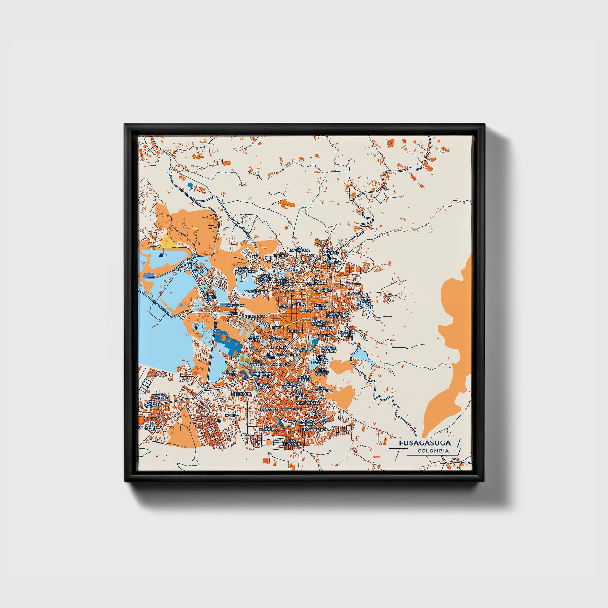 Fusagasuga Colombia Colorful City Map Canvas Print • Black Framed