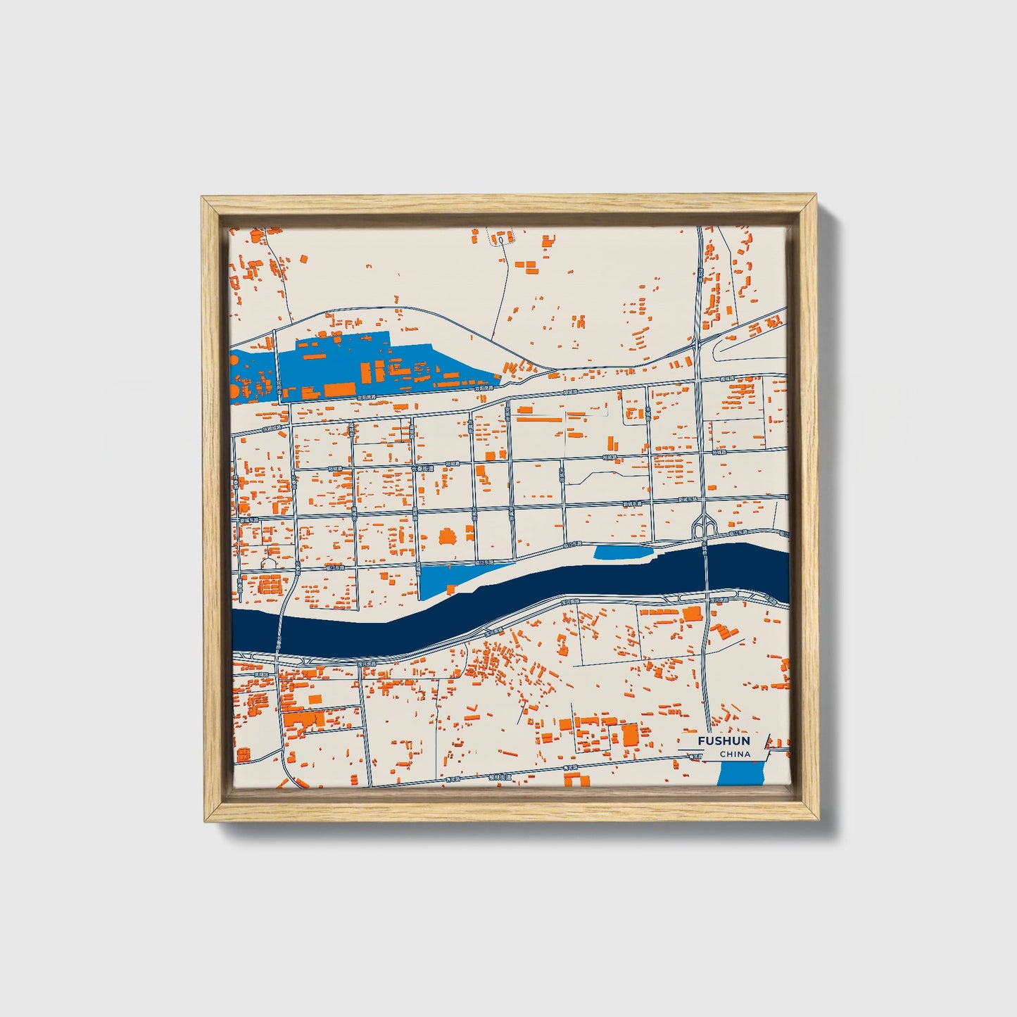 Fushun China Colorful City Map Canvas Print • Natural Wooden Framed