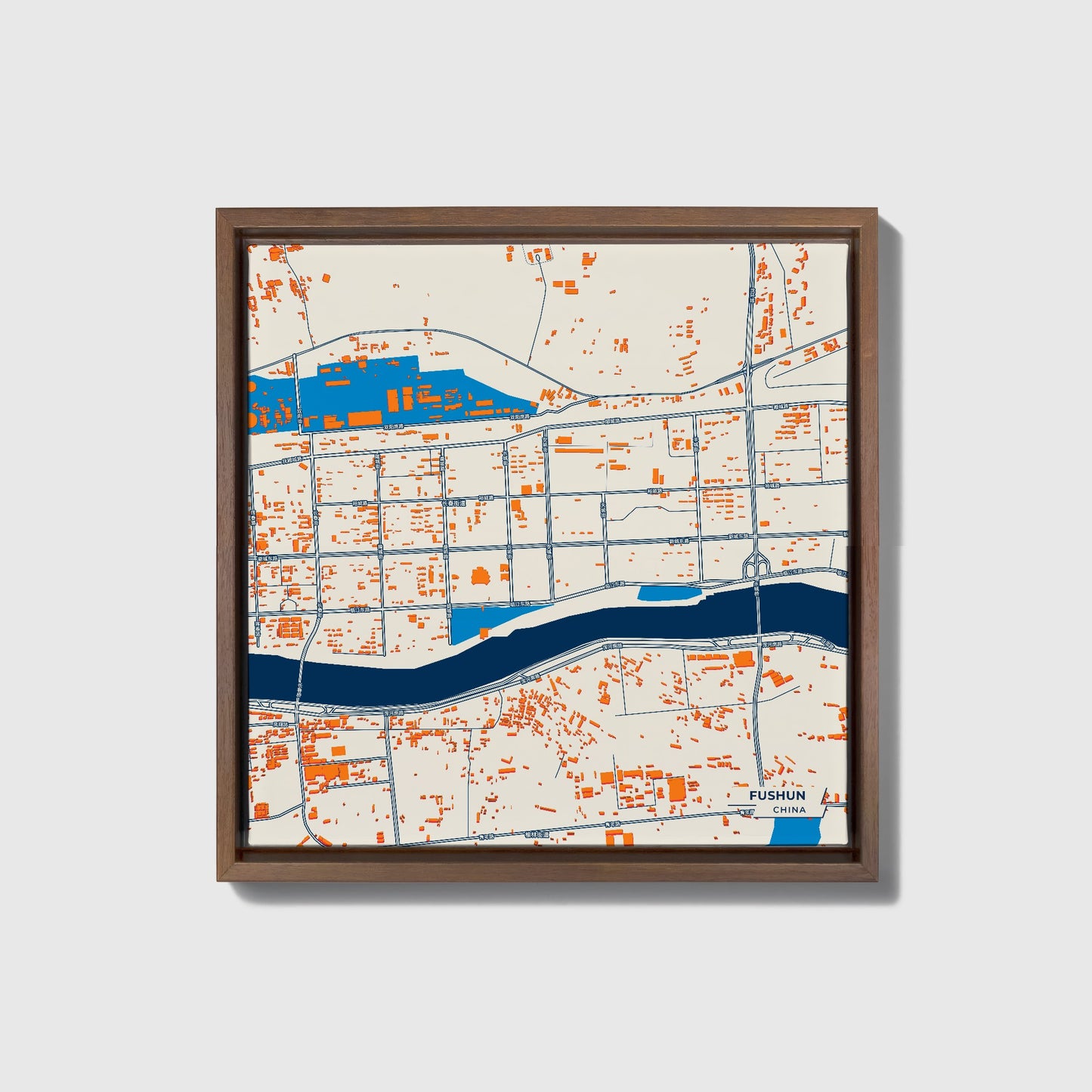 Fushun China Colorful City Map Canvas Print • Dark Wooden Framed