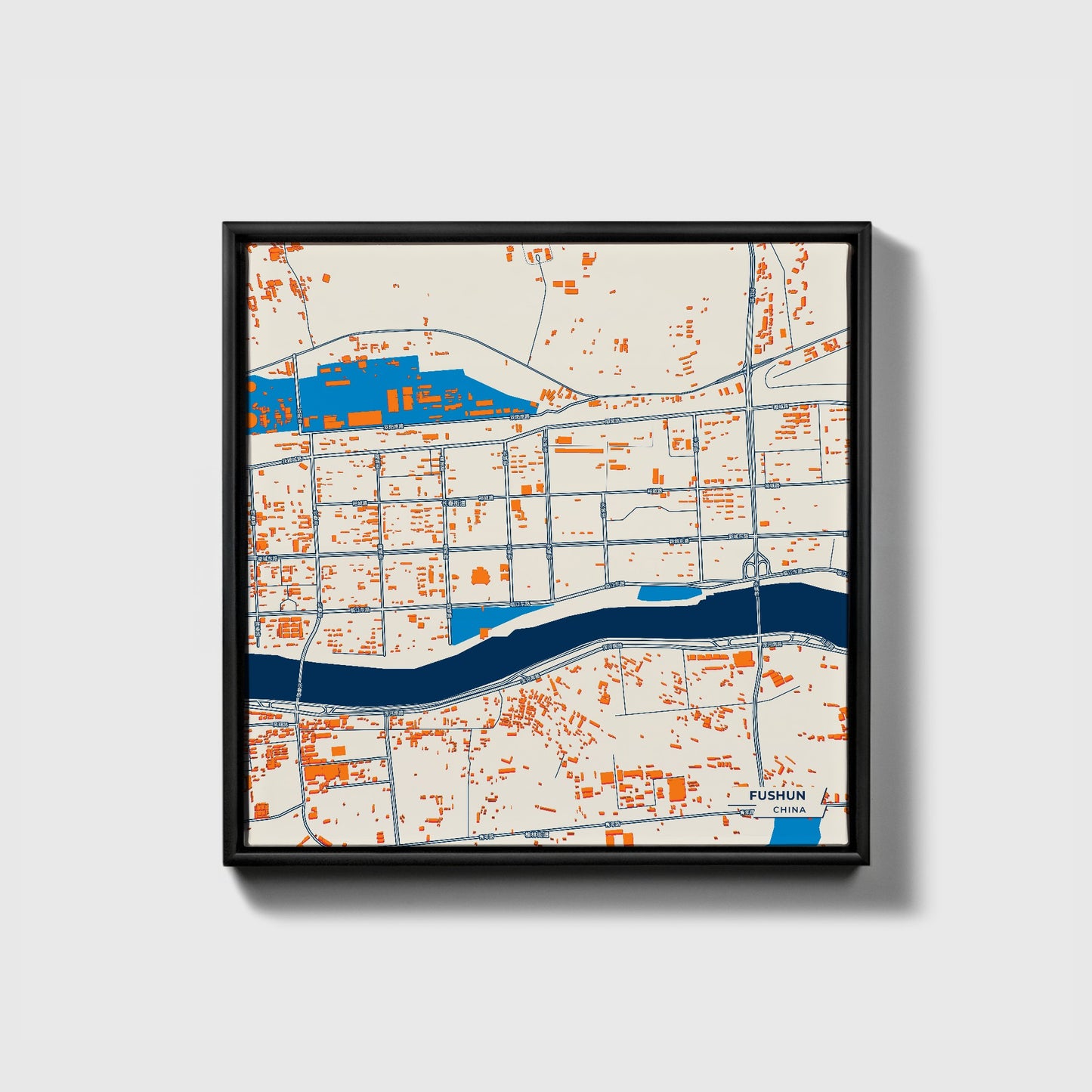 Fushun China Colorful City Map Canvas Print • Black Framed