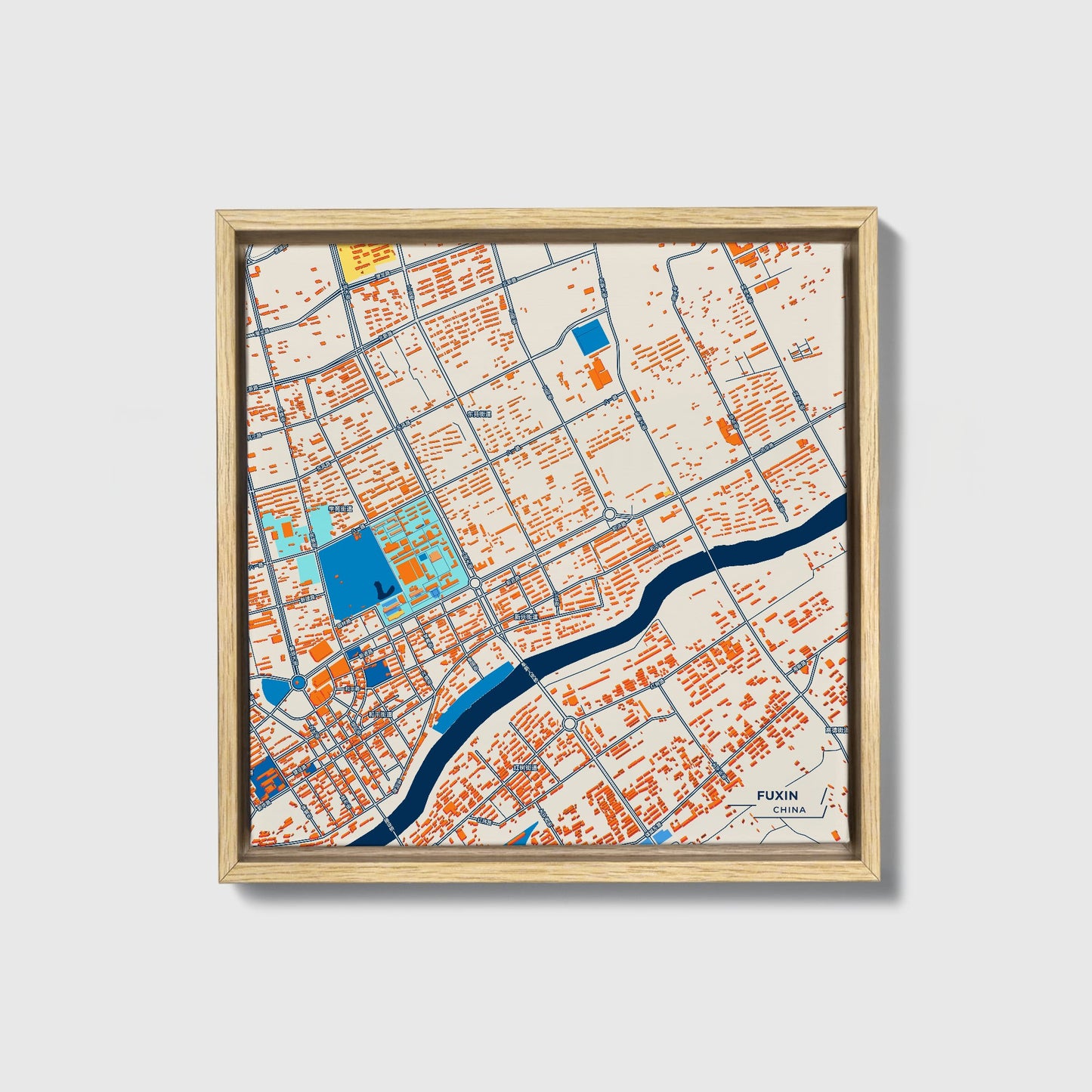 Fuxin China Colorful City Map Canvas Print • Natural Wooden Framed