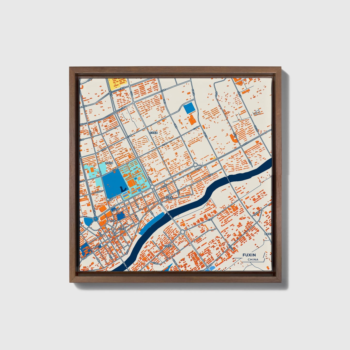 Fuxin China Colorful City Map Canvas Print • Dark Wooden Framed