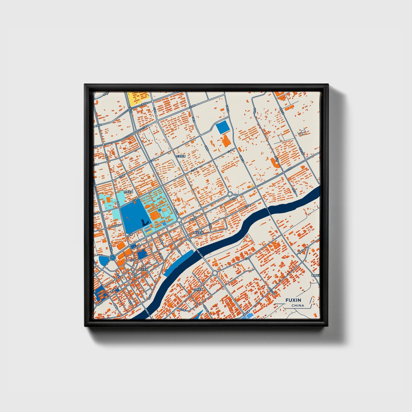 Fuxin China Colorful City Map Canvas Print • Black Framed