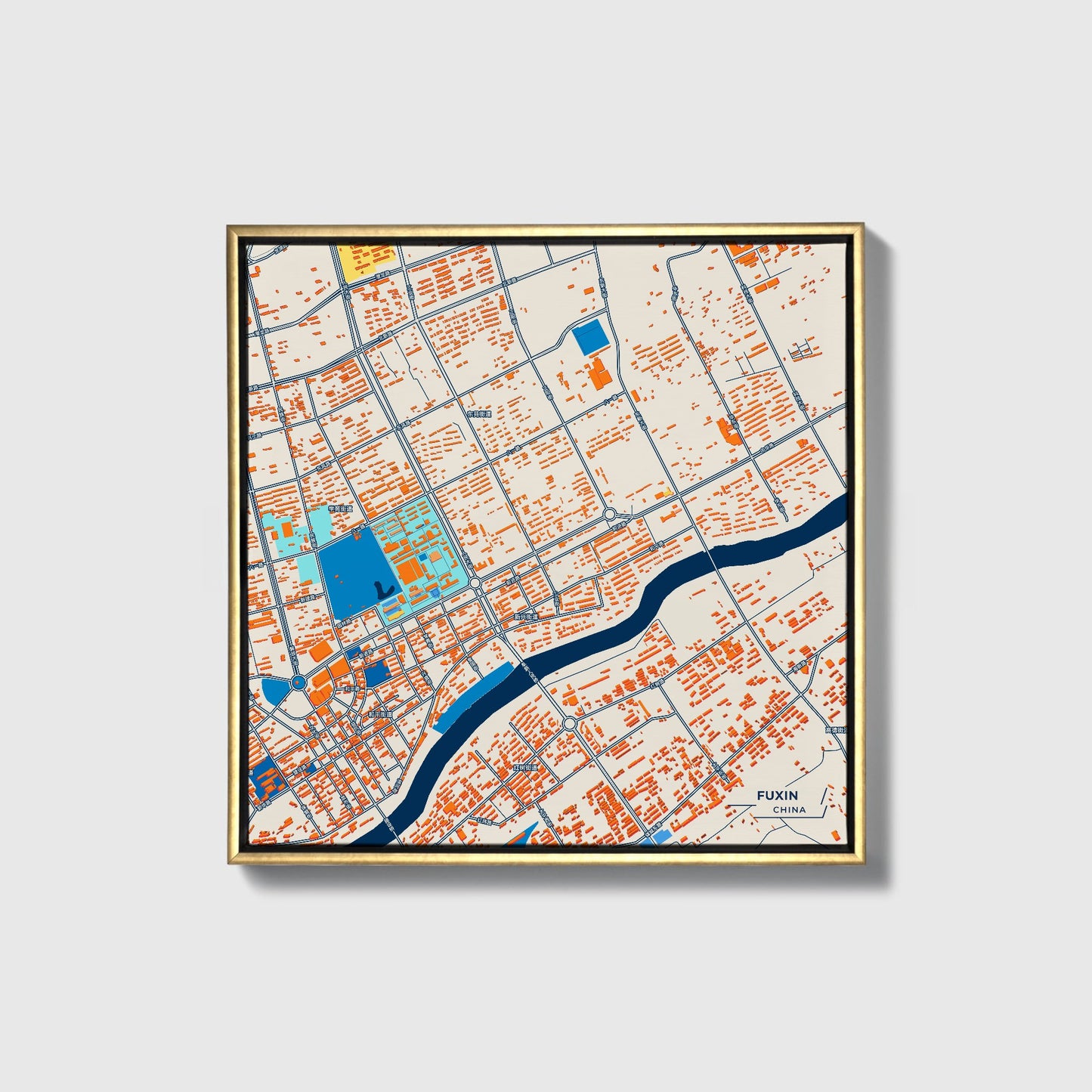 Fuxin China Colorful City Map Canvas Print • Gold Framed