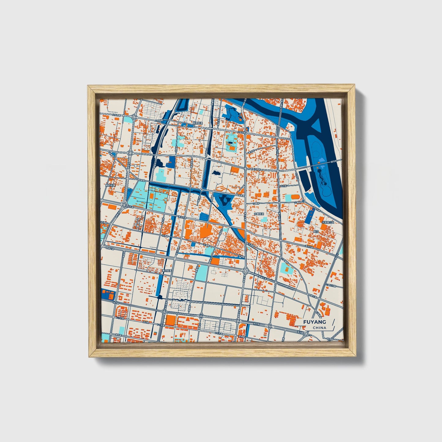 Fuyang China Colorful City Map Canvas Print • Natural Wooden Framed