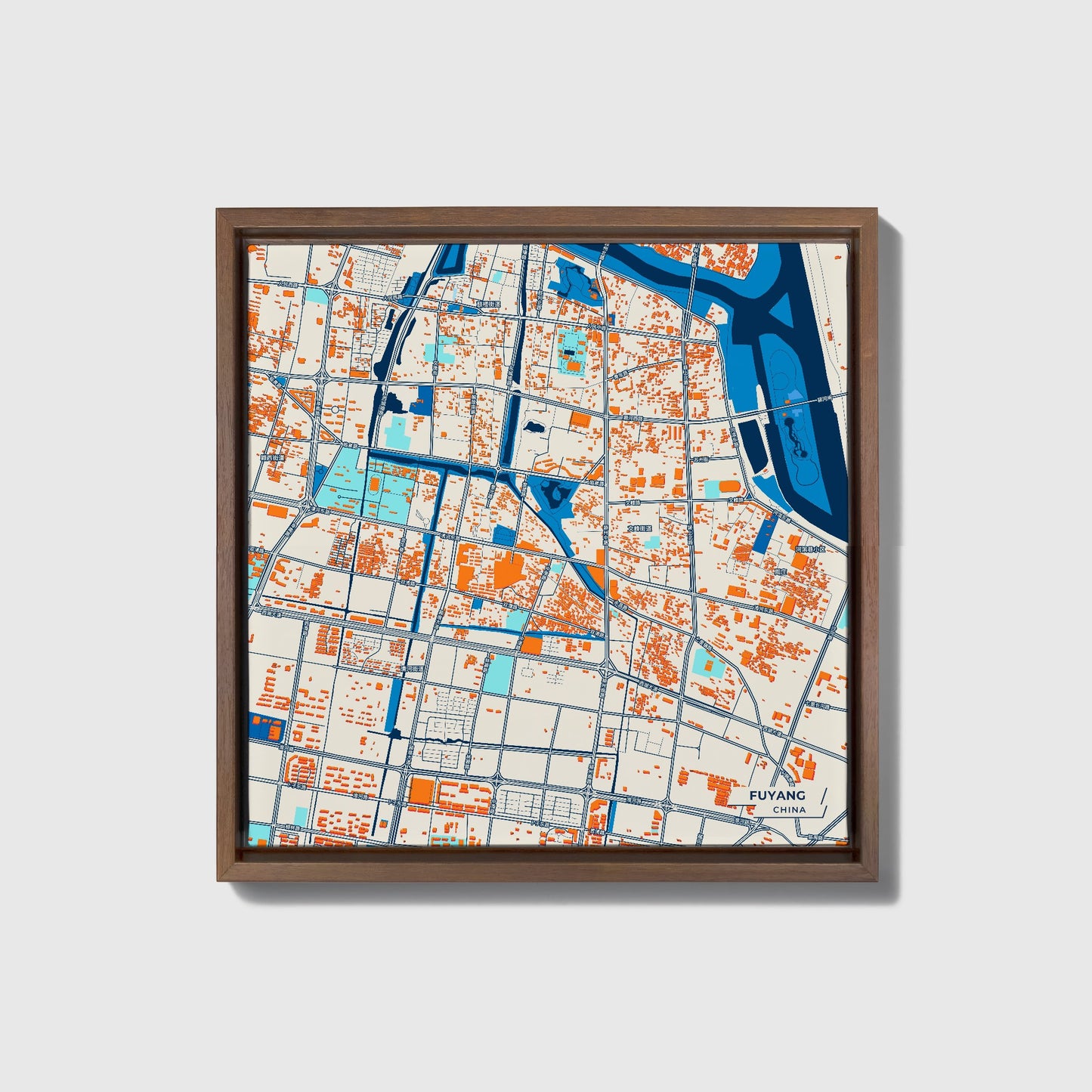 Fuyang China Colorful City Map Canvas Print • Dark Wooden Framed