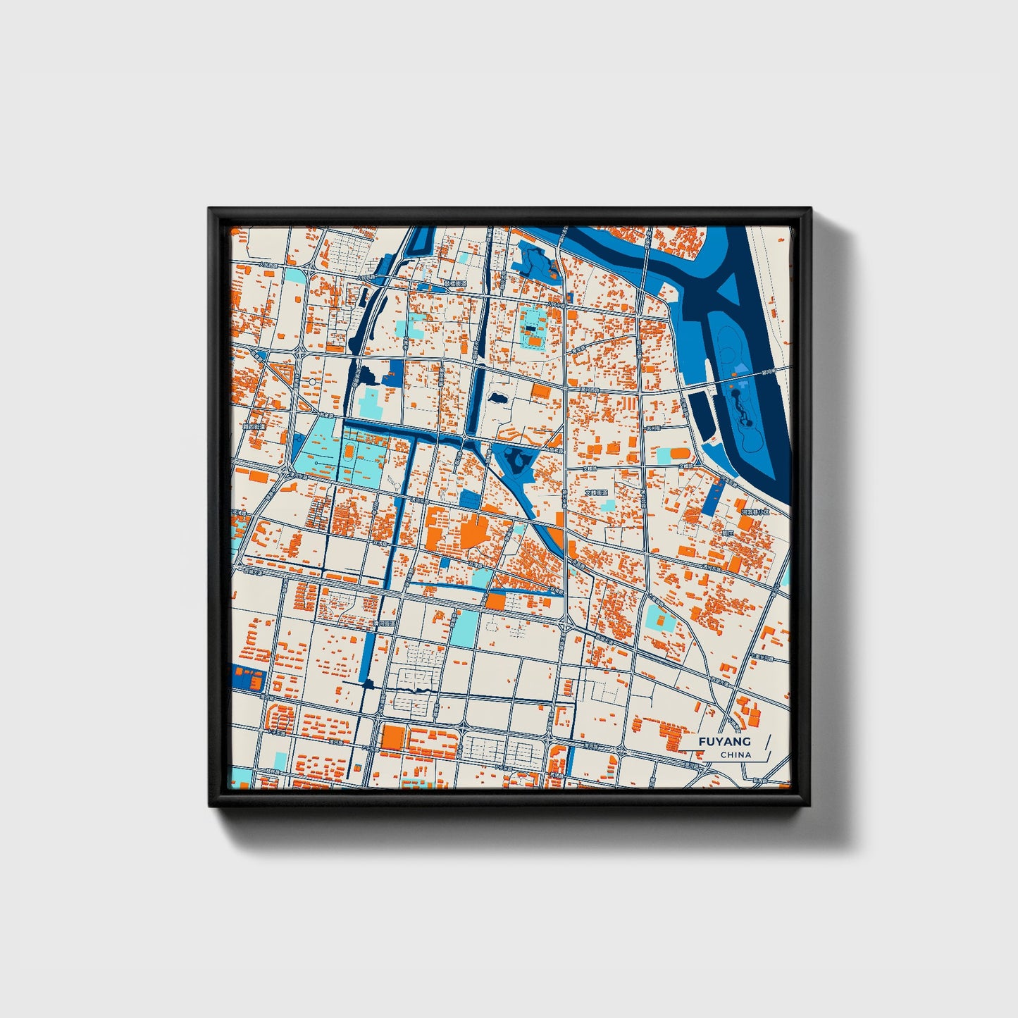 Fuyang China Colorful City Map Canvas Print • Black Framed