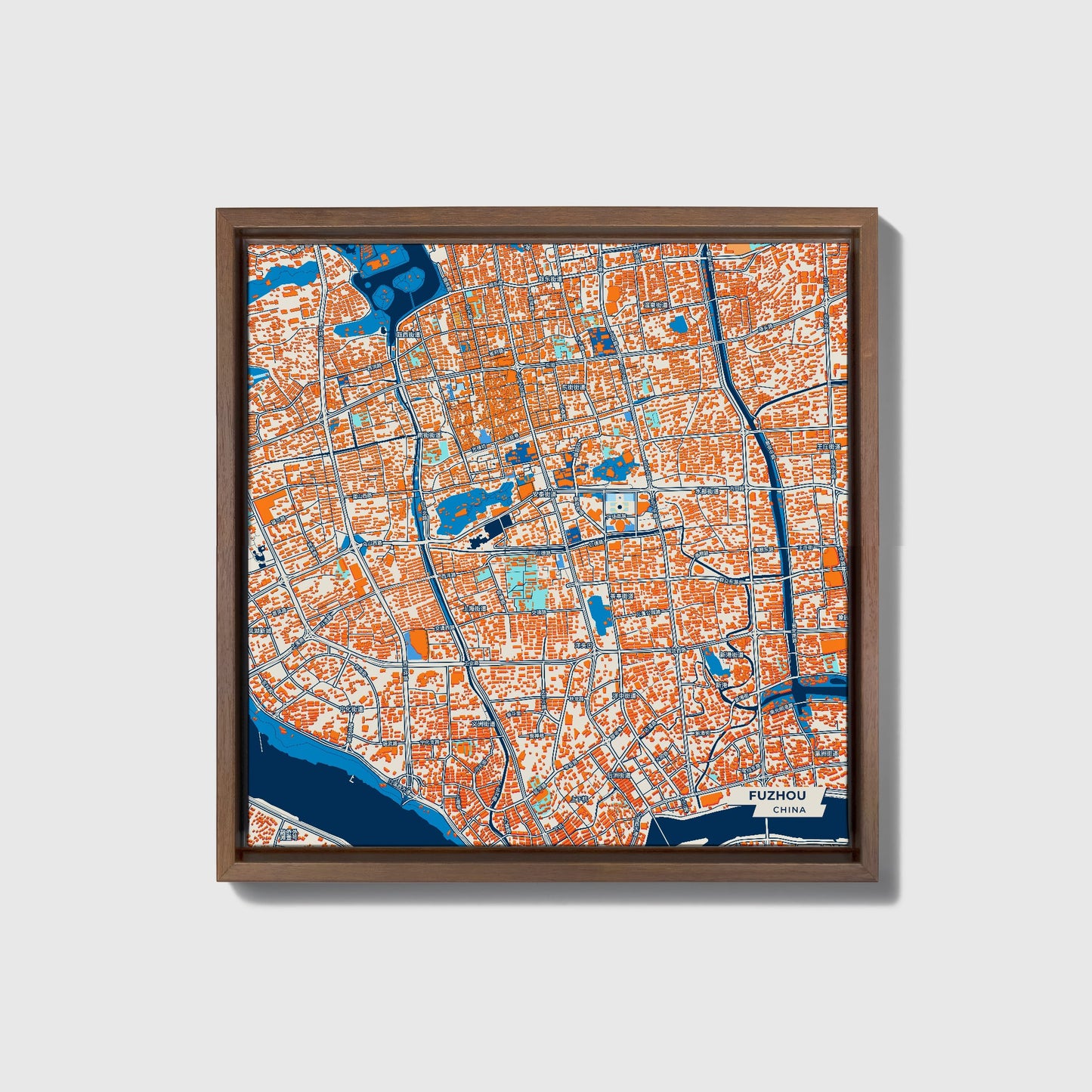 Fuzhou China Colorful City Map Canvas Print • Dark Wooden Framed