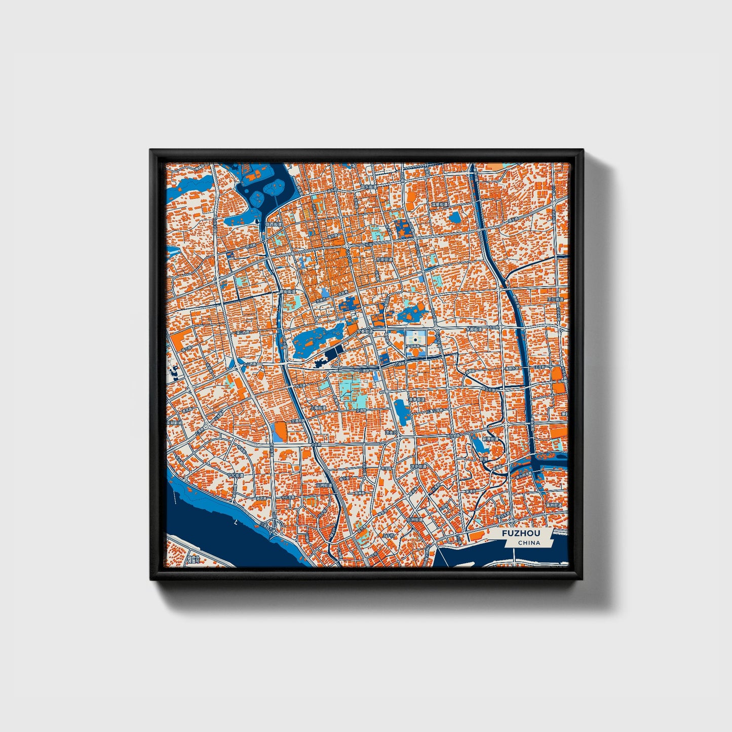 Fuzhou China Colorful City Map Canvas Print • Black Framed