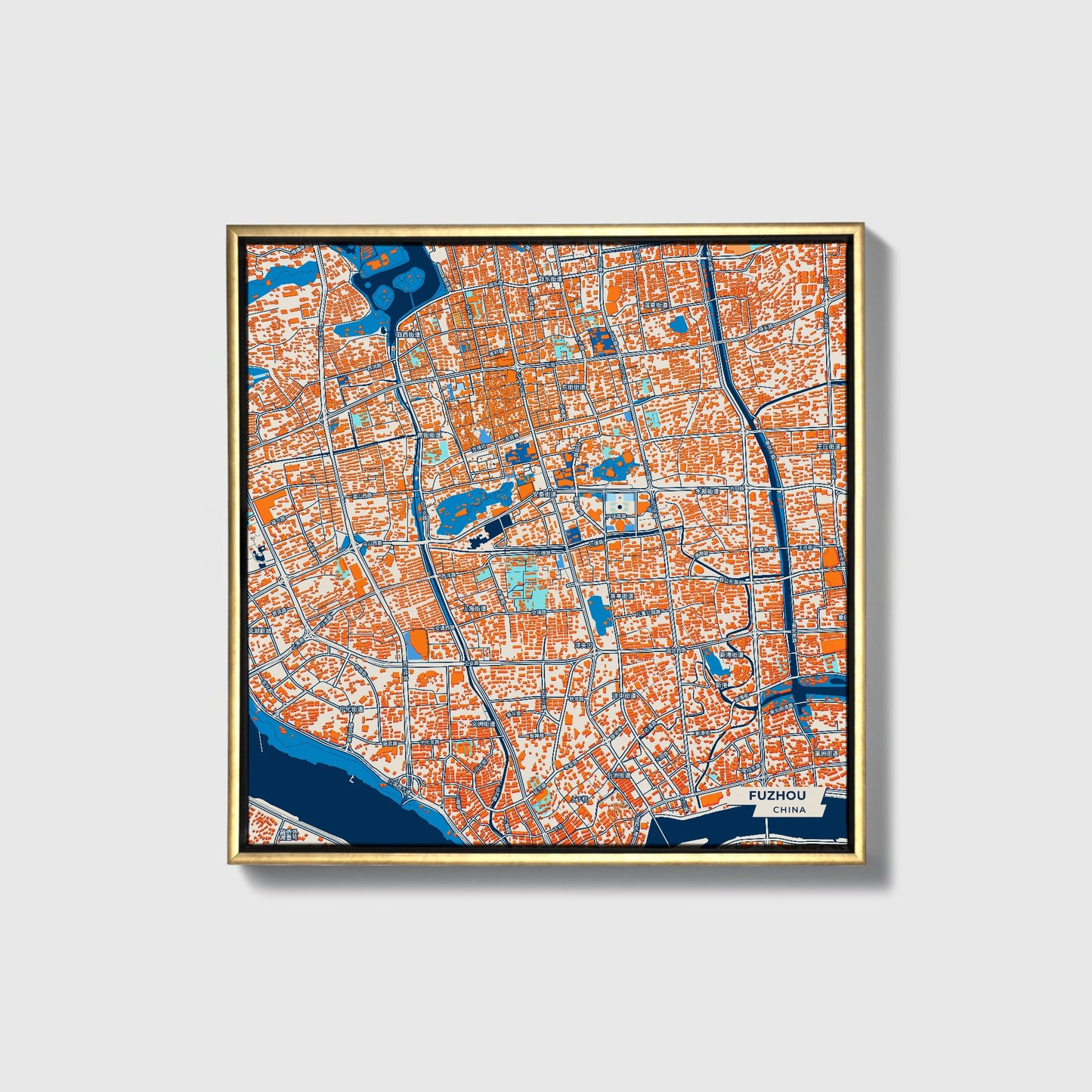 Fuzhou China Colorful City Map Canvas Print • Gold Framed