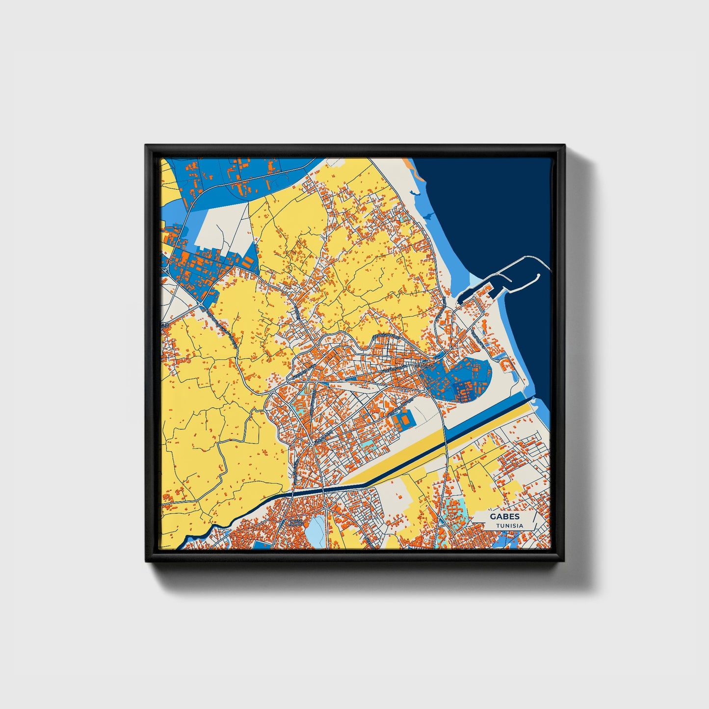Gabes Tunisia Colorful City Map Canvas Print • Black Framed