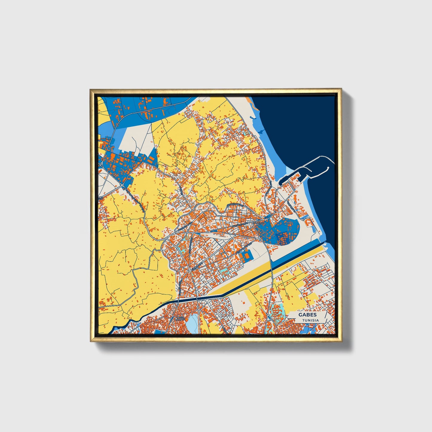 Gabes Tunisia Colorful City Map Canvas Print • Gold Framed