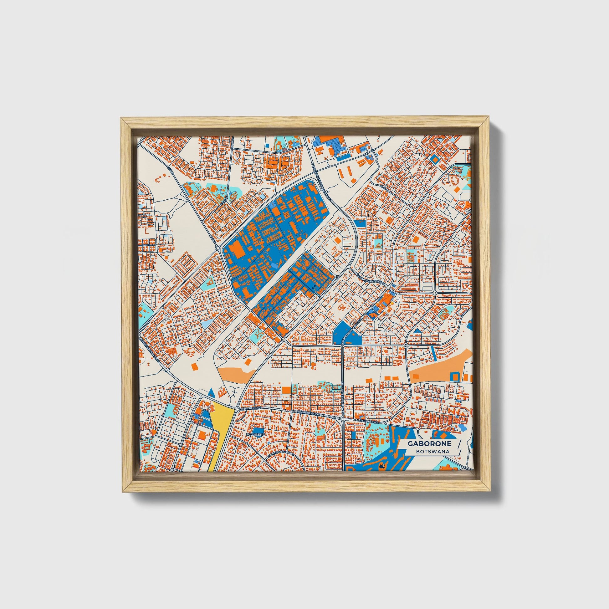 Gaborone Botswana Colorful City Map Canvas Print • Natural Wooden Framed
