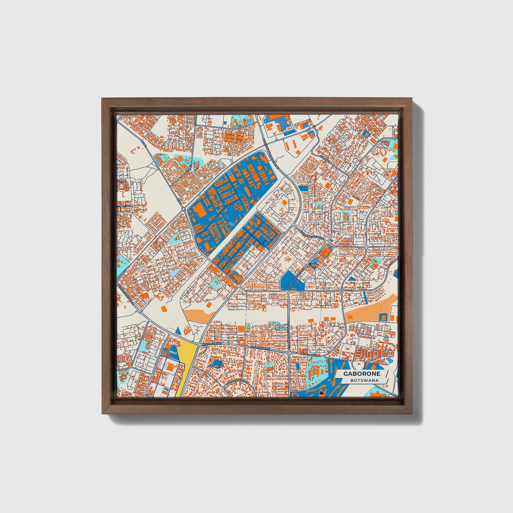 Gaborone Botswana Colorful City Map Canvas Print • Dark Wooden Framed